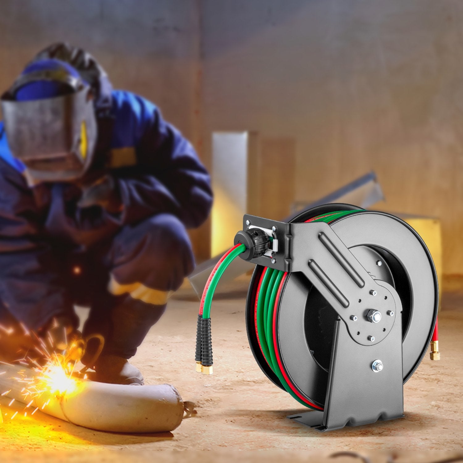 Retractable Welding Hose Reel 1/4" x 50FT Twin Oxygen Acetylene 300PSI Steel