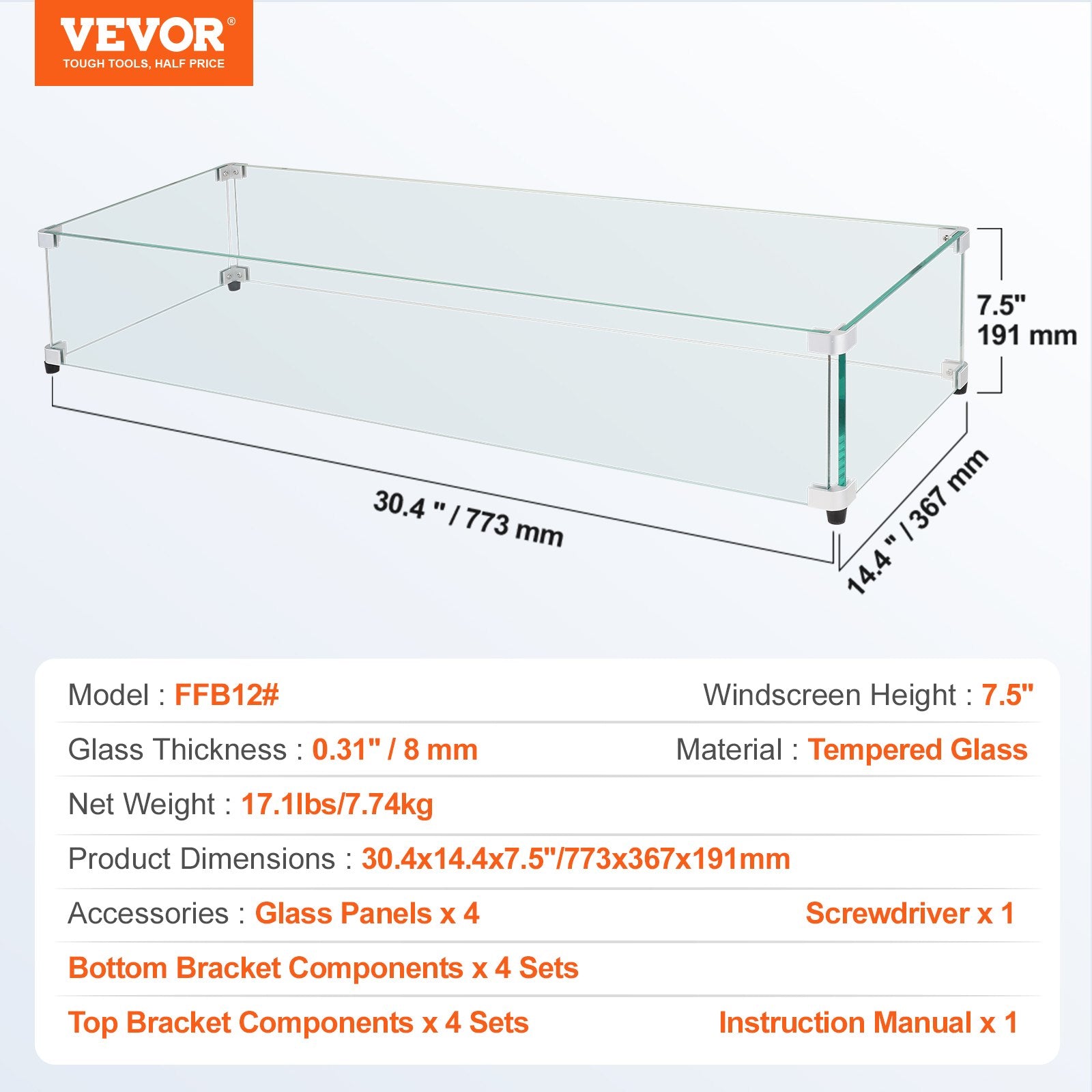 773 x 367 x 191 mm Glass Wind Guard for Rectangular Fire Pit Table