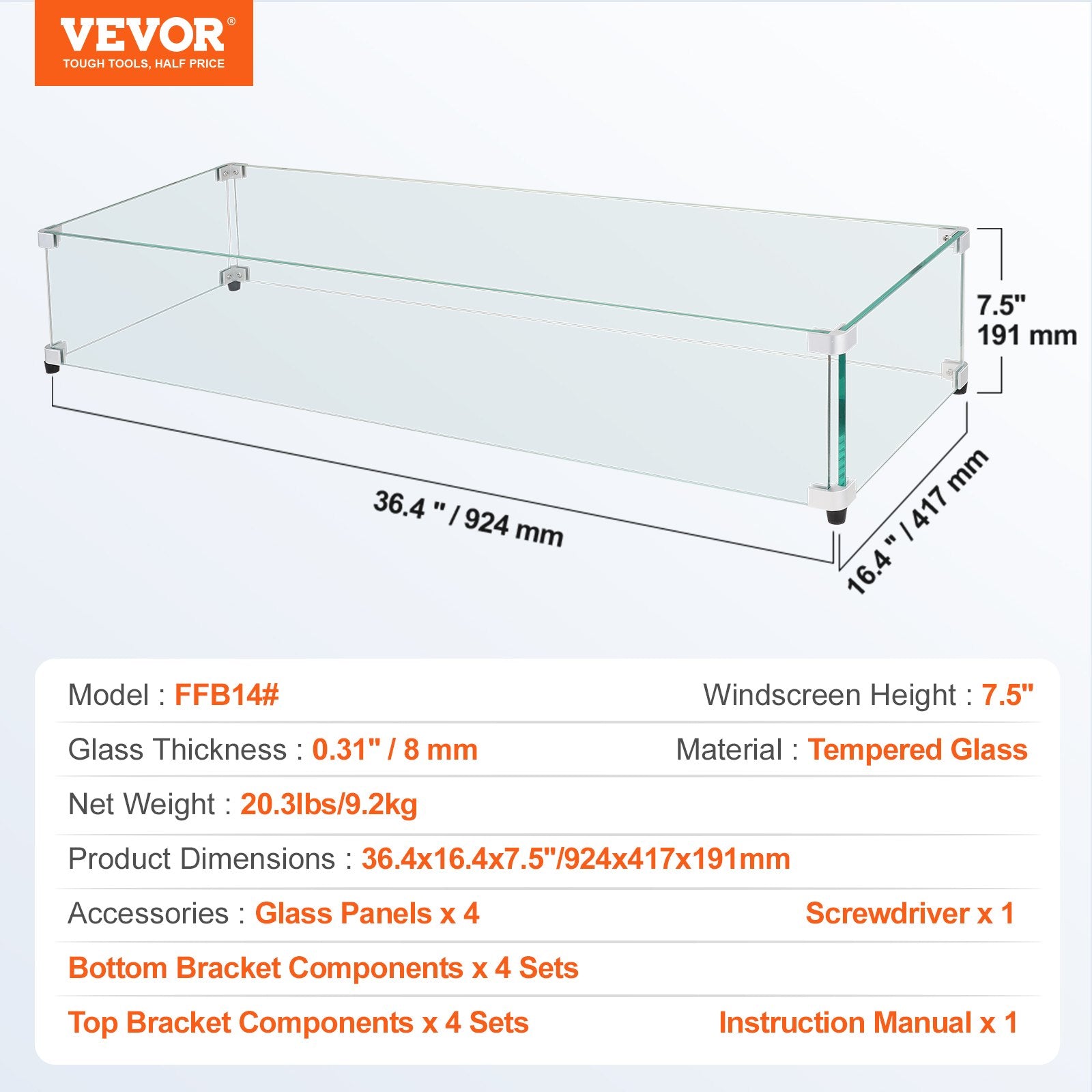 Glass Wind Guard Fire Pit Table 924x417x191mm 8mm Tempered Aluminum Bracket