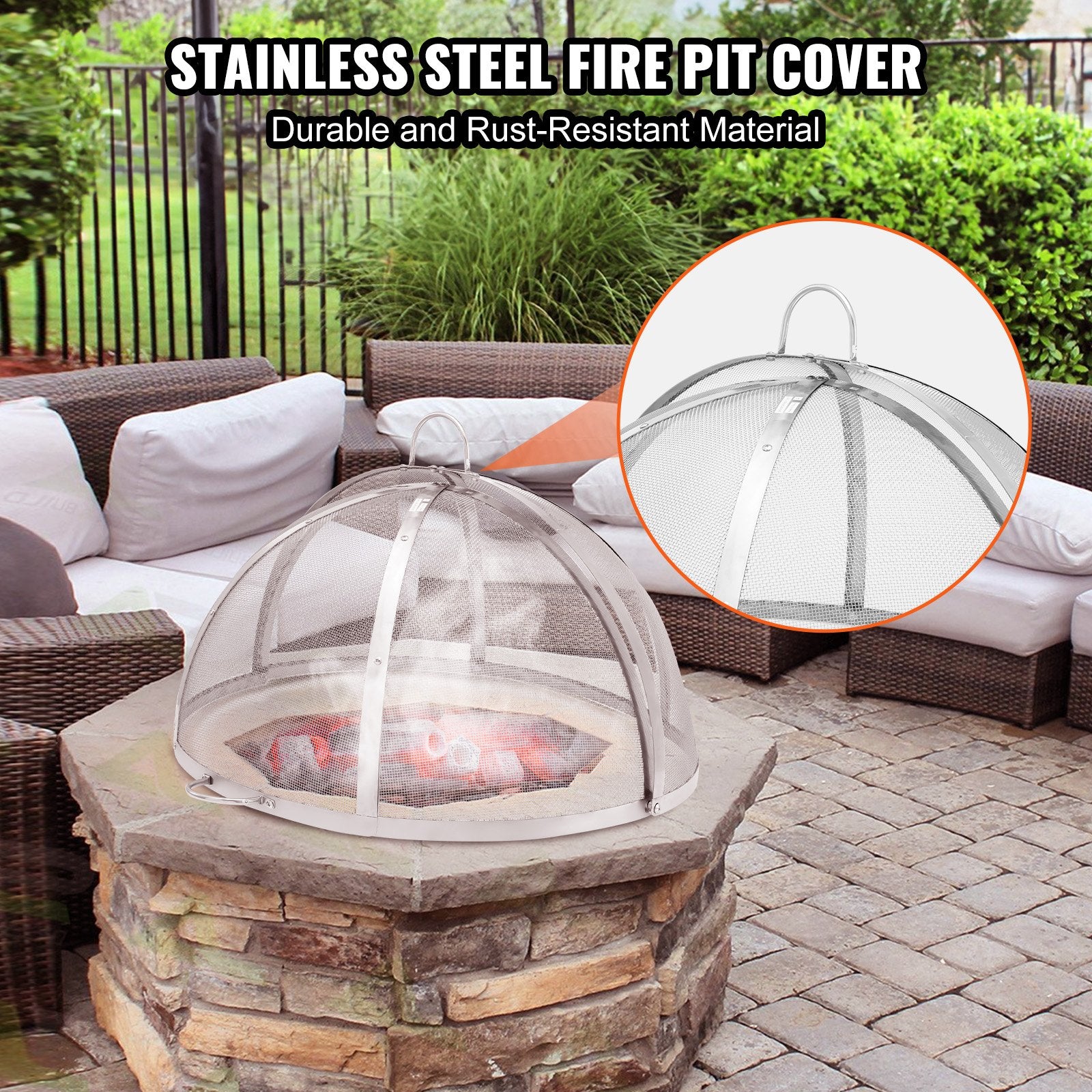 Firepit Spark Screen Lid 40" Stainless-Steel Round Outdoor Fire Pit Metal Cover