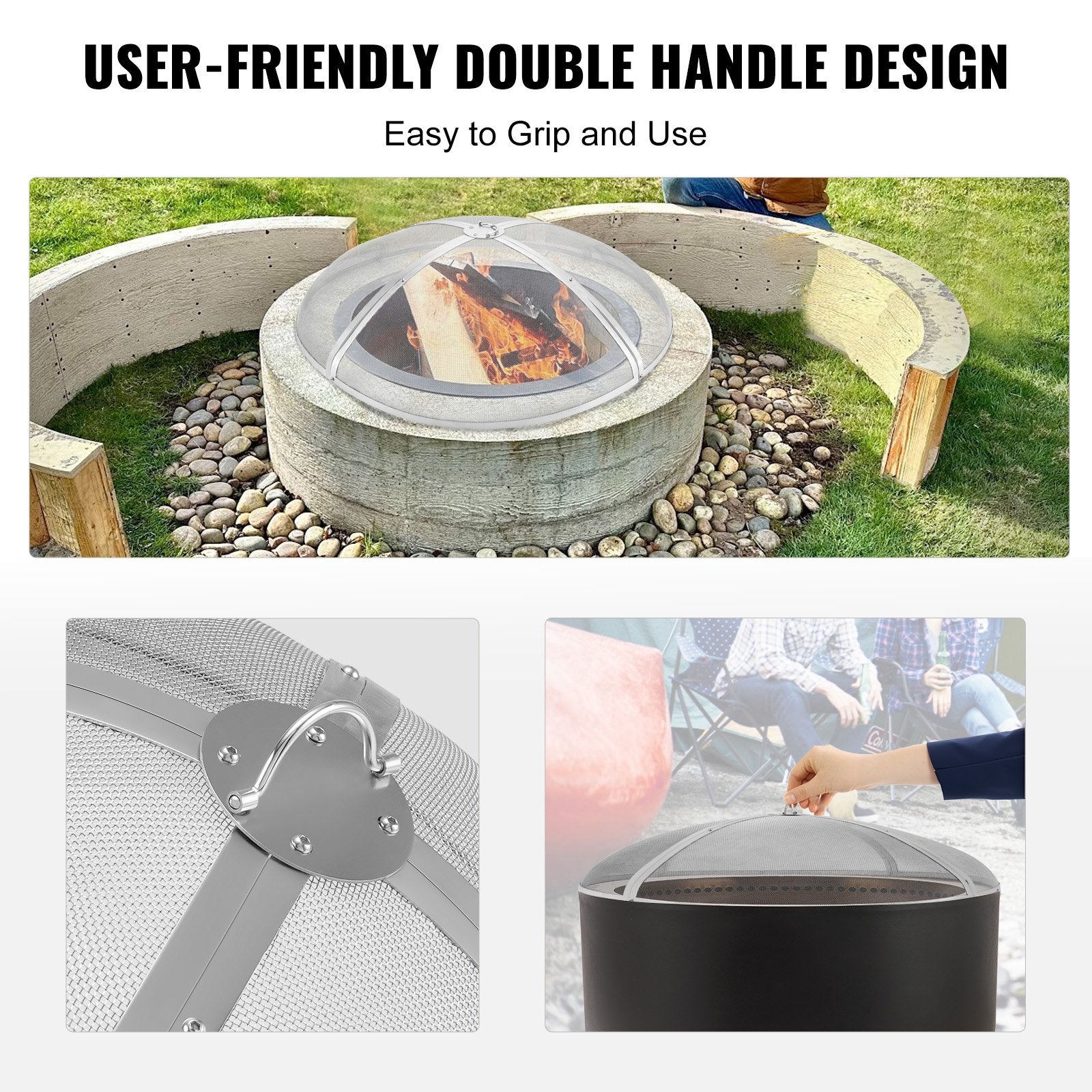 Fire Pit Spark Screen 36" Round Heavy Duty Steel Metal Cover Outdoor Ring Handle