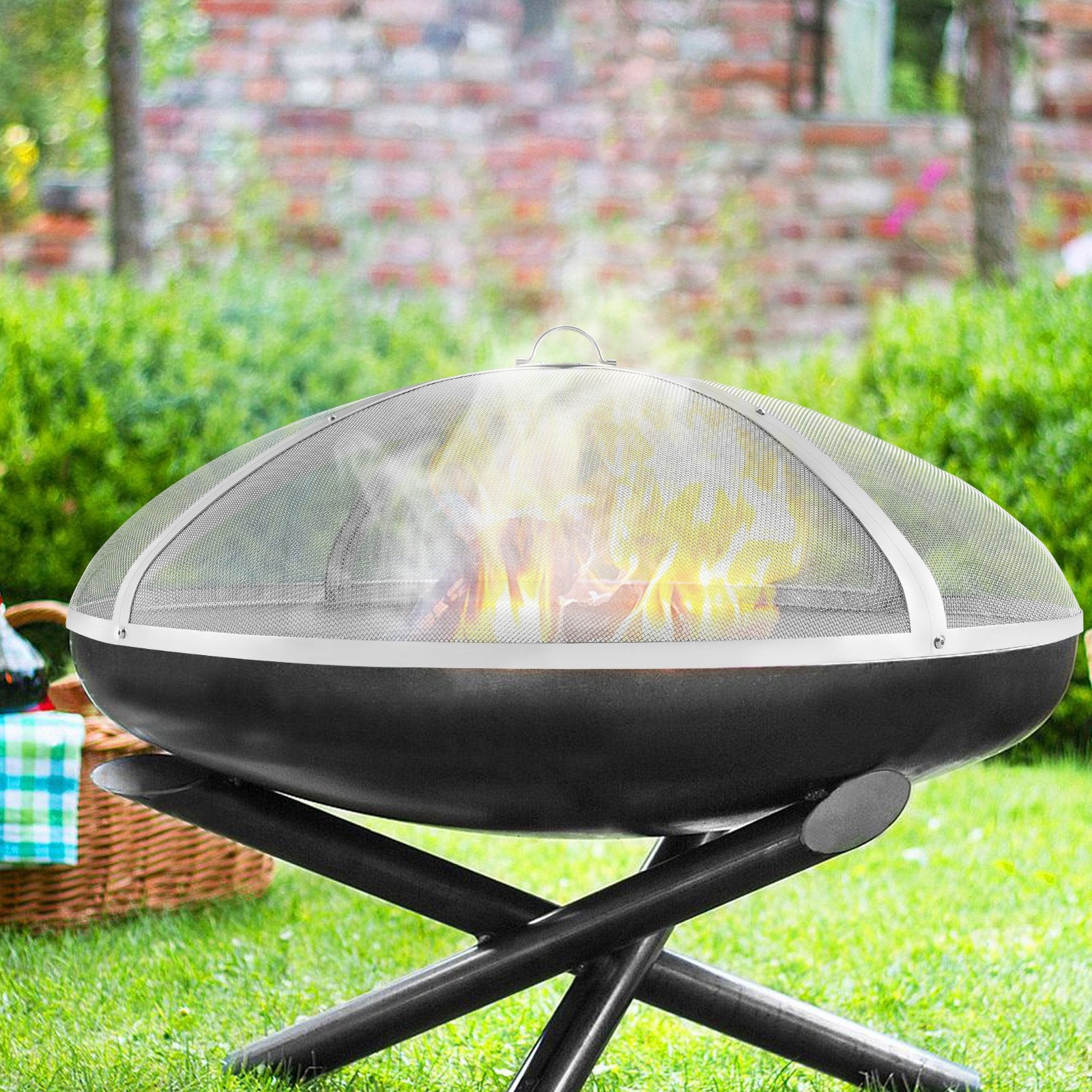 Fire Pit Spark Screen 36" Round Heavy Duty Steel Metal Cover Outdoor Ring Handle