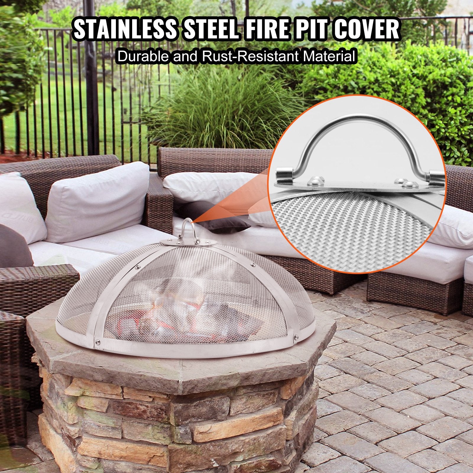 Fire Pit Spark Screen Round 40" Heavy-Duty Steel Cover with Ring Handle