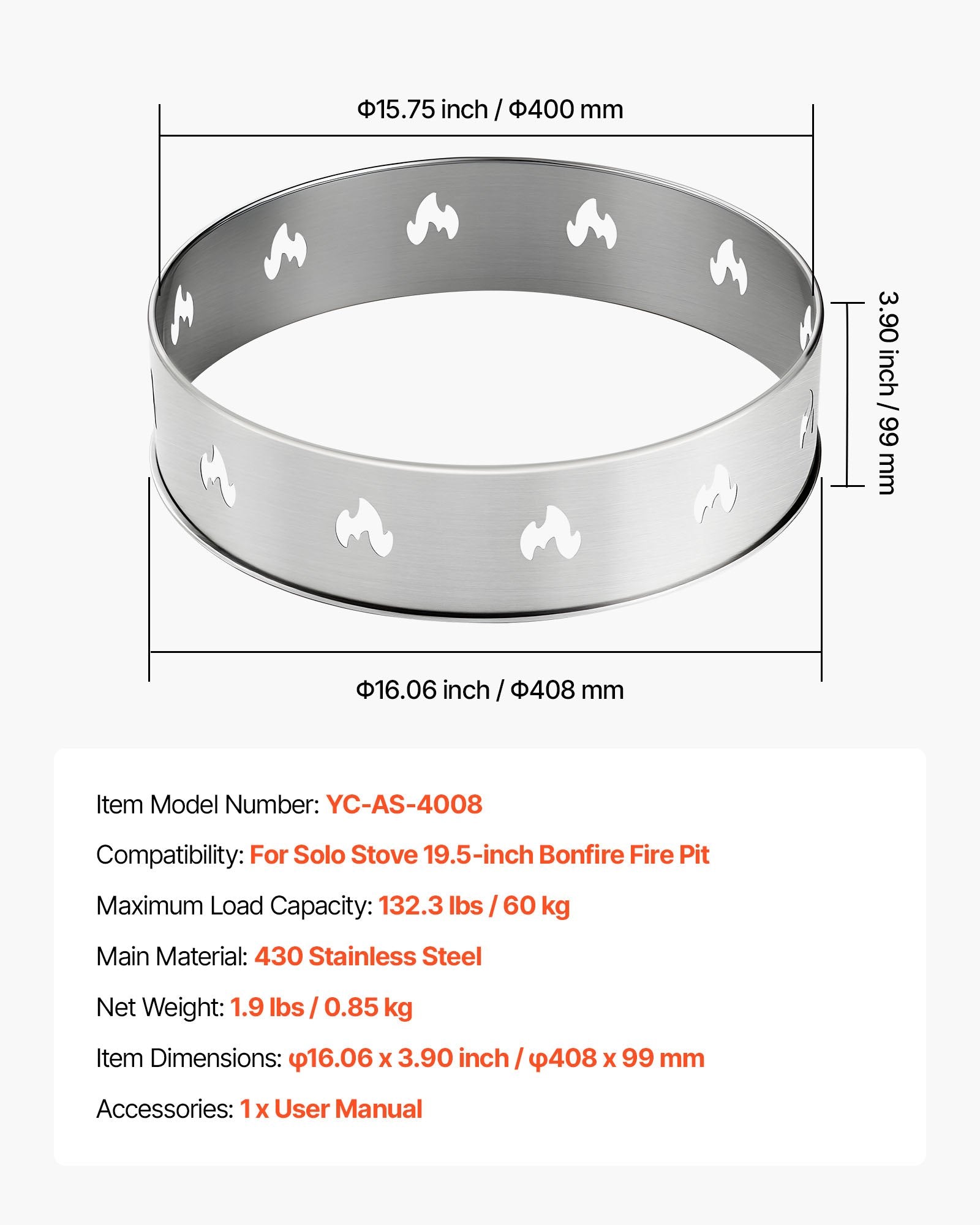 Fire Pit Stand for Solo Stove Bonfire 49.5cm Stainless Steel Smokeless Ring