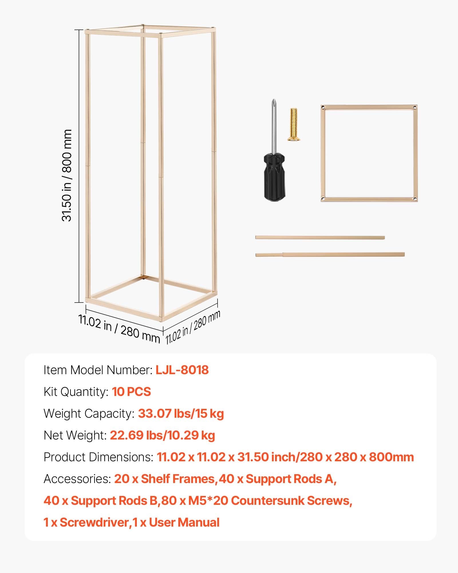 Wedding Flower Stand 10PCS 80cm Column Hidden Screw Rectangular Gold Stand
