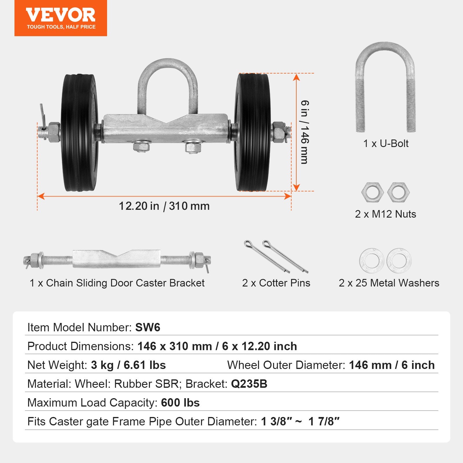 Sliding Gate Kit 6in Rolling Hardware Universal Track Wheels Heavy Duty 600lbs