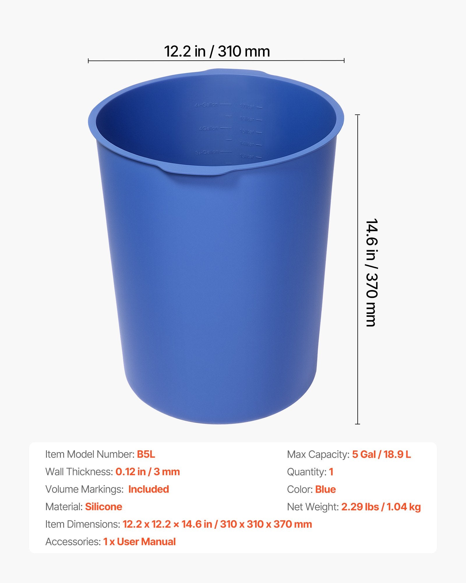 18.9L Bucket Liner for Concrete Mix, Reusable Silicone Mortar Mixer Insert, Blue