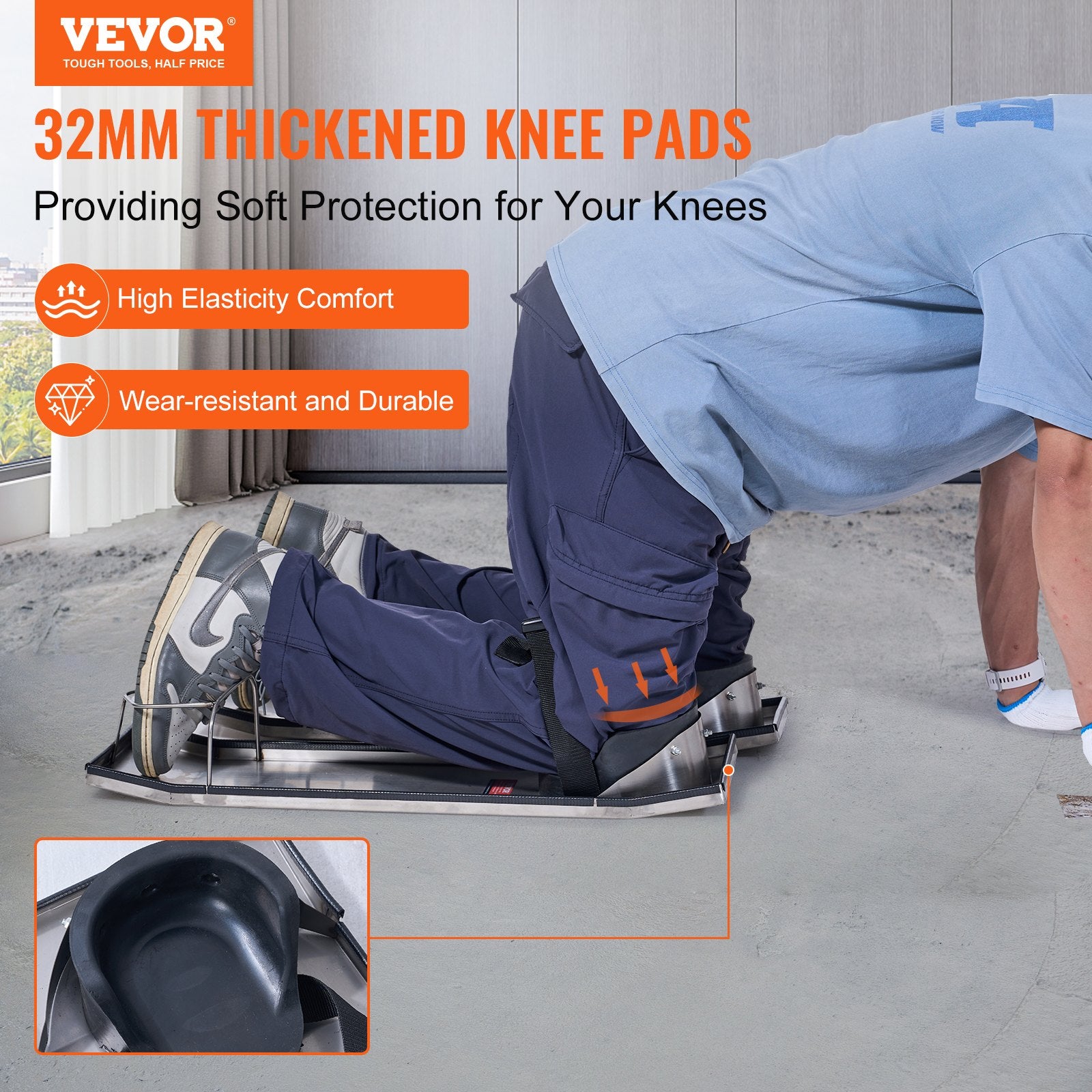 Concrete Knee Boards Stainless Steel 30''x8'' with Knee Pads & Straps