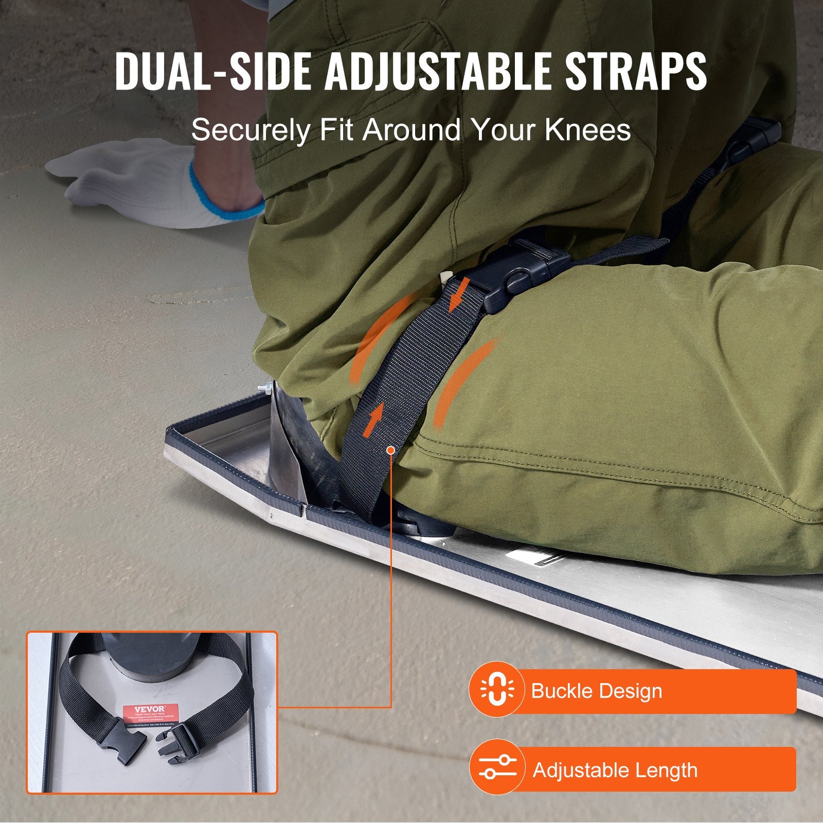 Concrete Knee Boards Stainless Steel 30''x8'' with Knee Pads & Straps
