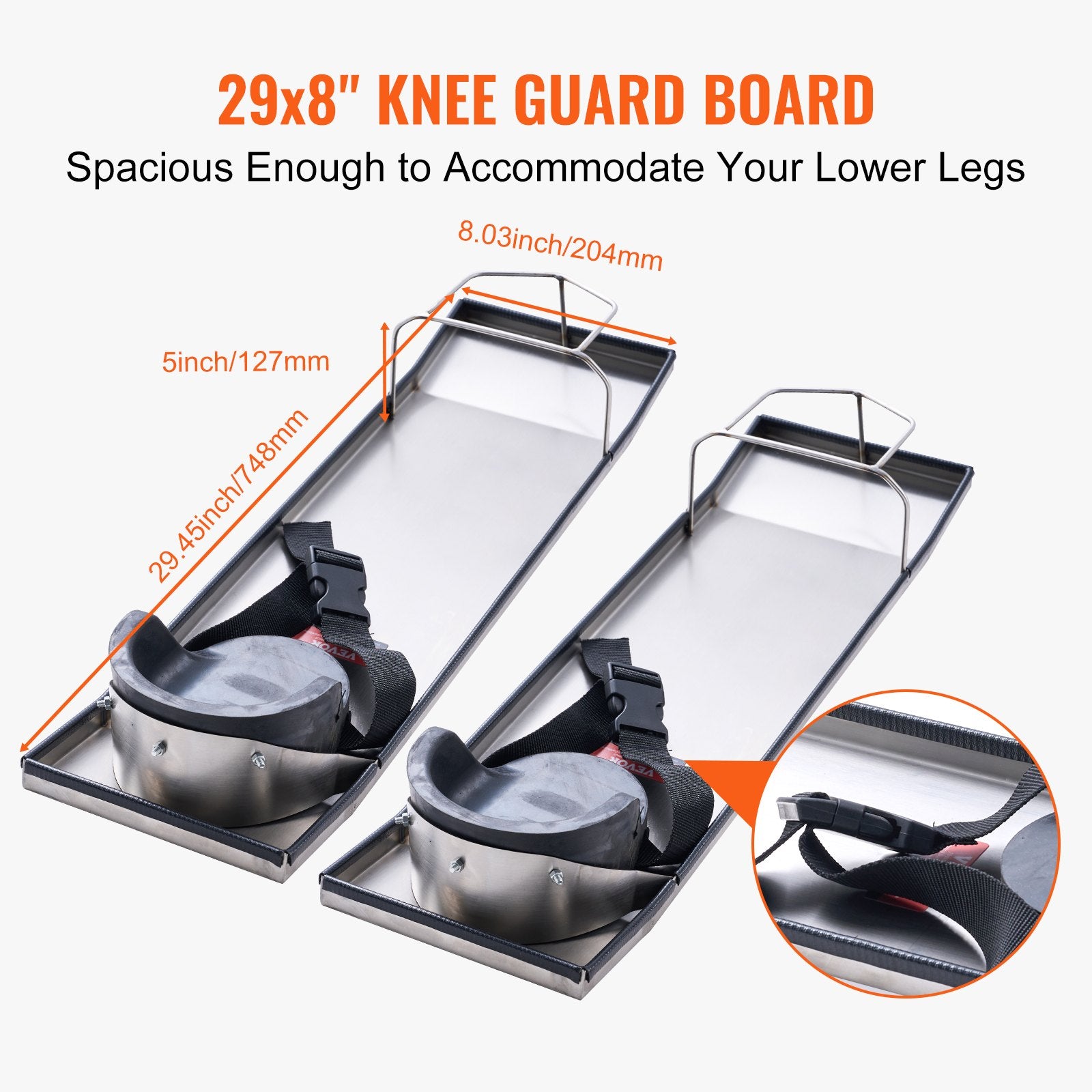 Concrete Knee Boards Stainless Steel 30''x8'' with Knee Pads & Straps
