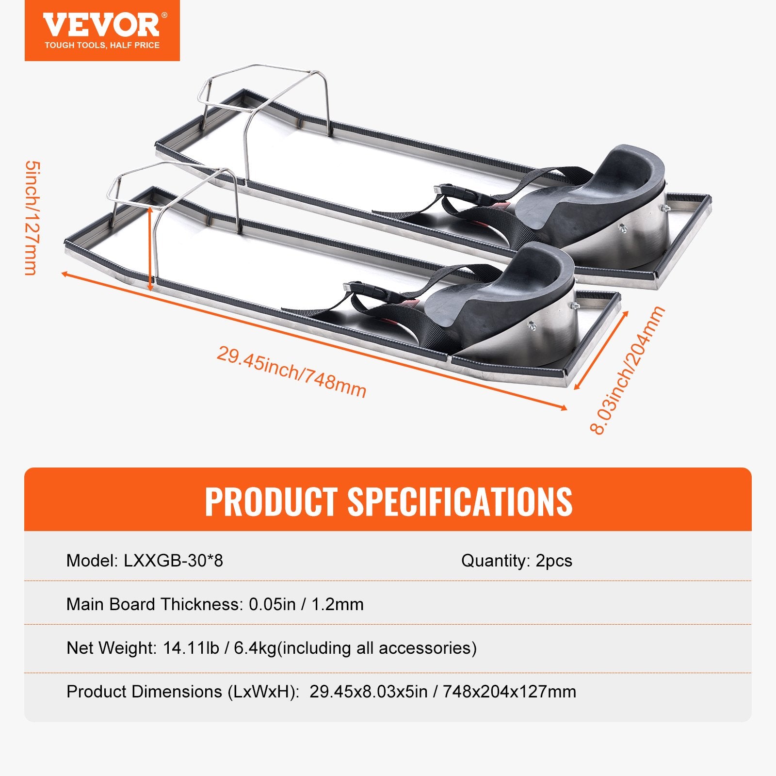 Concrete Knee Boards Stainless Steel 30''x8'' with Knee Pads & Straps