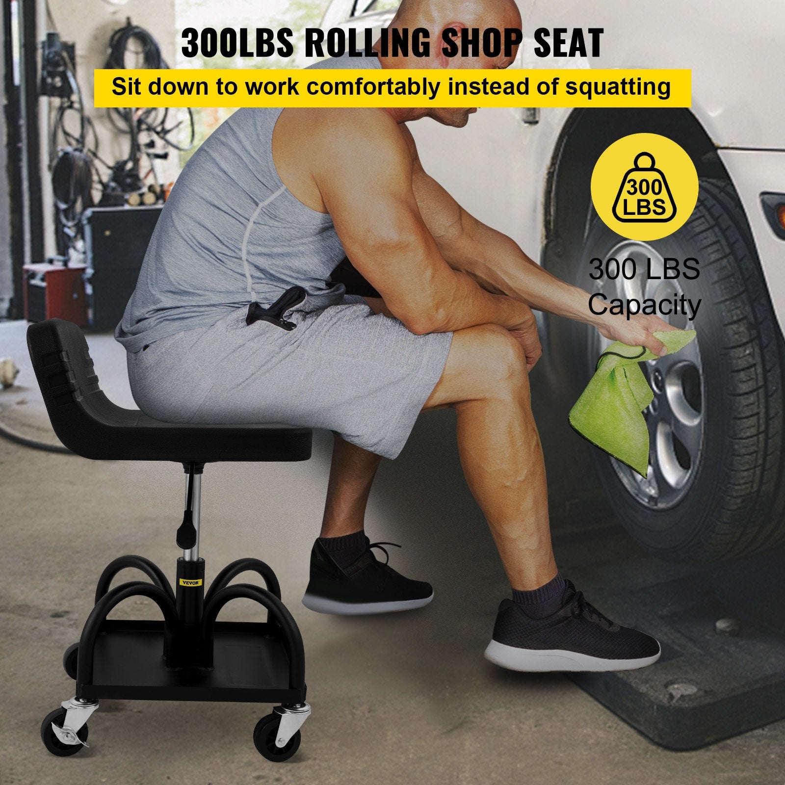 Rolling Garage Stool 300lb Adjustable Height 15.7-20.5in Mechanic Seat Black