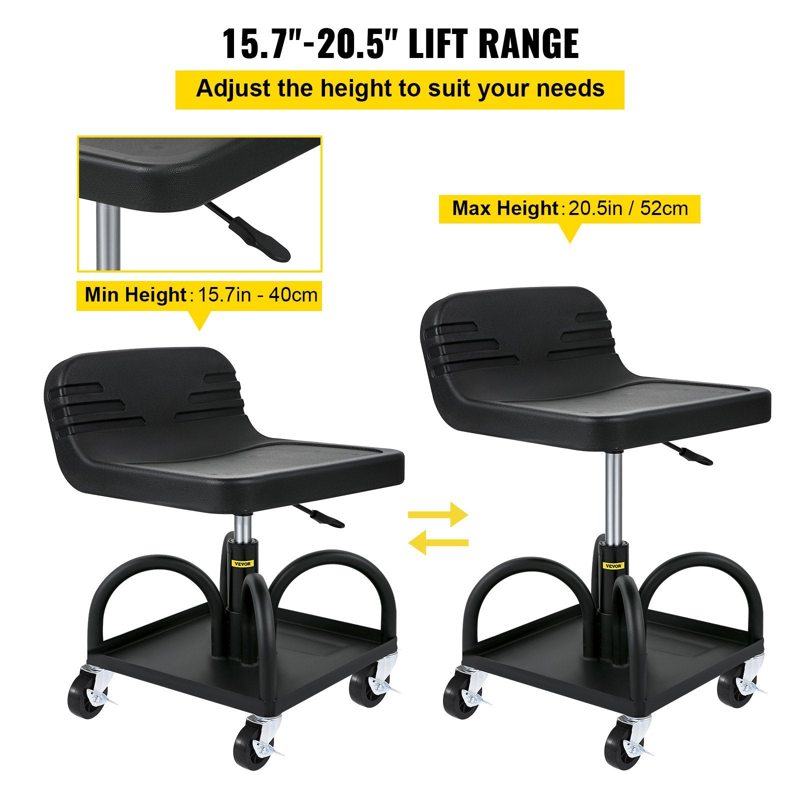 Rolling Garage Stool 300lb Adjustable Height 15.7-20.5in Mechanic Seat Black