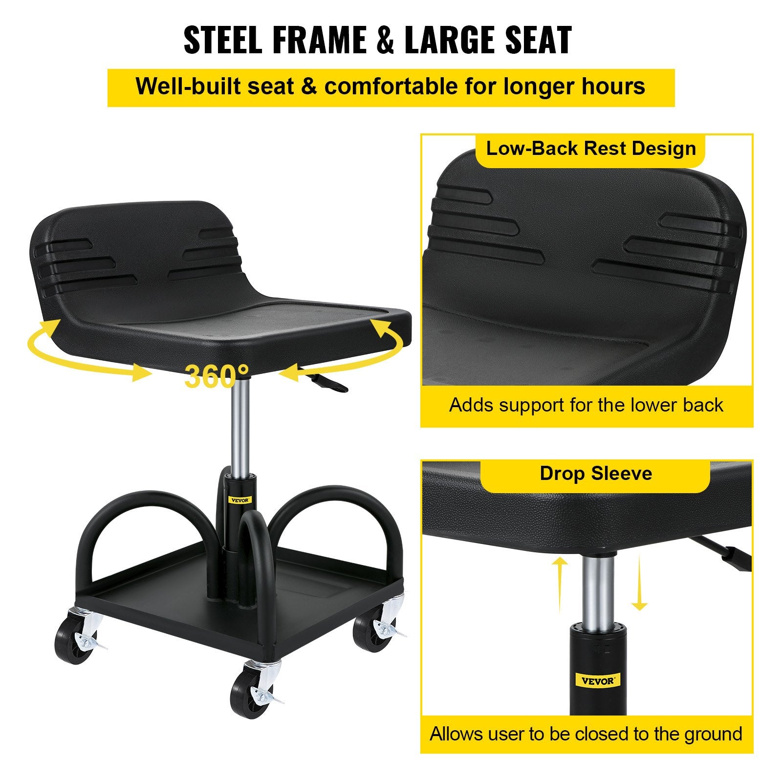 Rolling Garage Stool 300lb Adjustable Height 15.7-20.5in Mechanic Seat Black