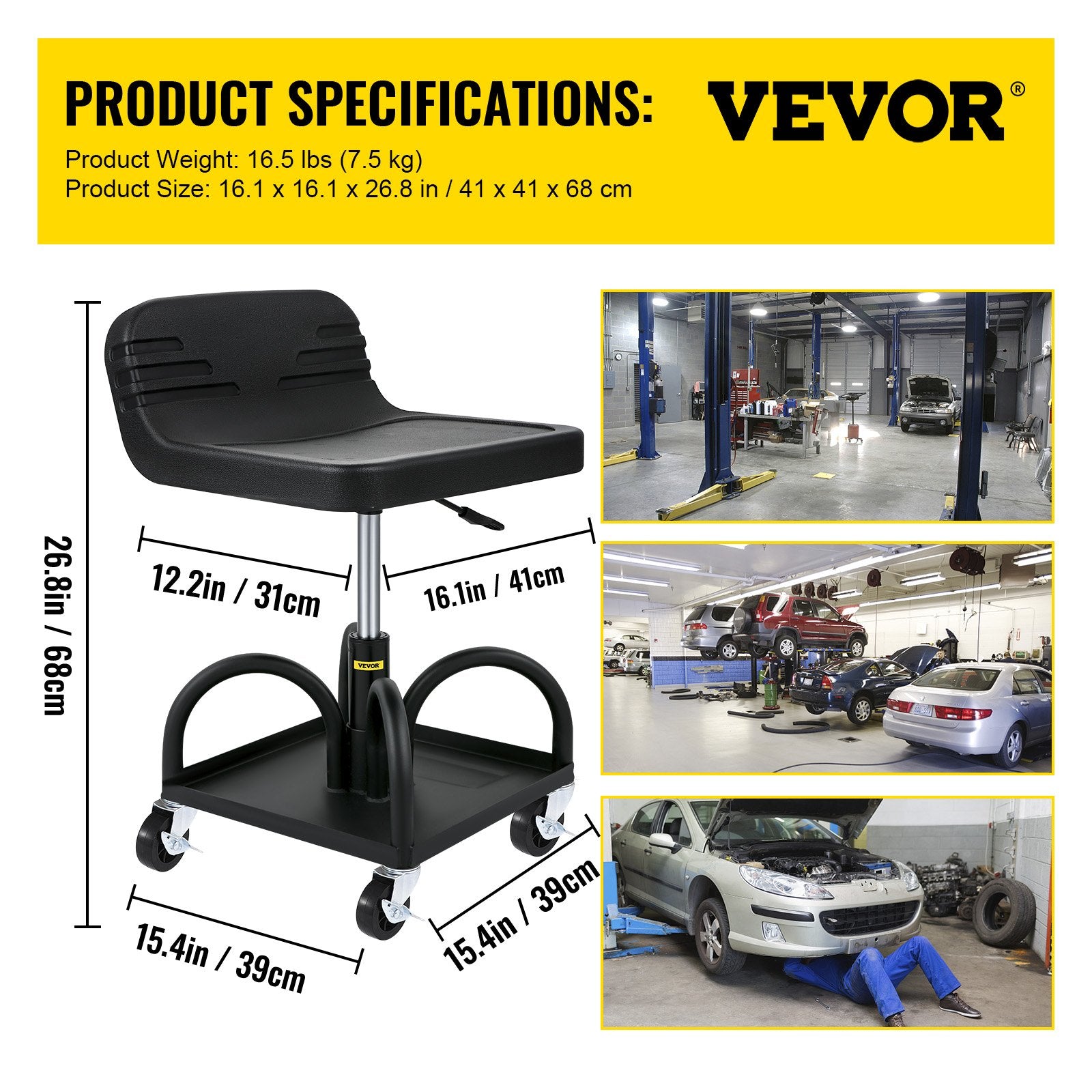 Rolling Garage Stool 300lb Adjustable Height 15.7-20.5in Mechanic Seat Black