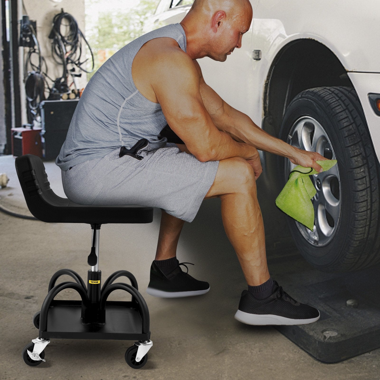 Rolling Garage Stool 300lb Adjustable Height 15.7-20.5in Mechanic Seat Black