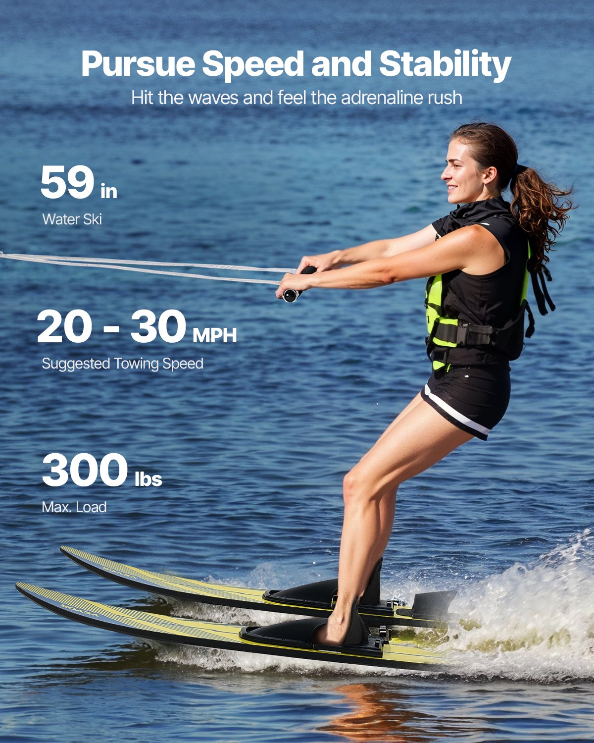 Water Skis 150cm with X-7 Adjustable Bindings Padded Rear Toe Plate Adults