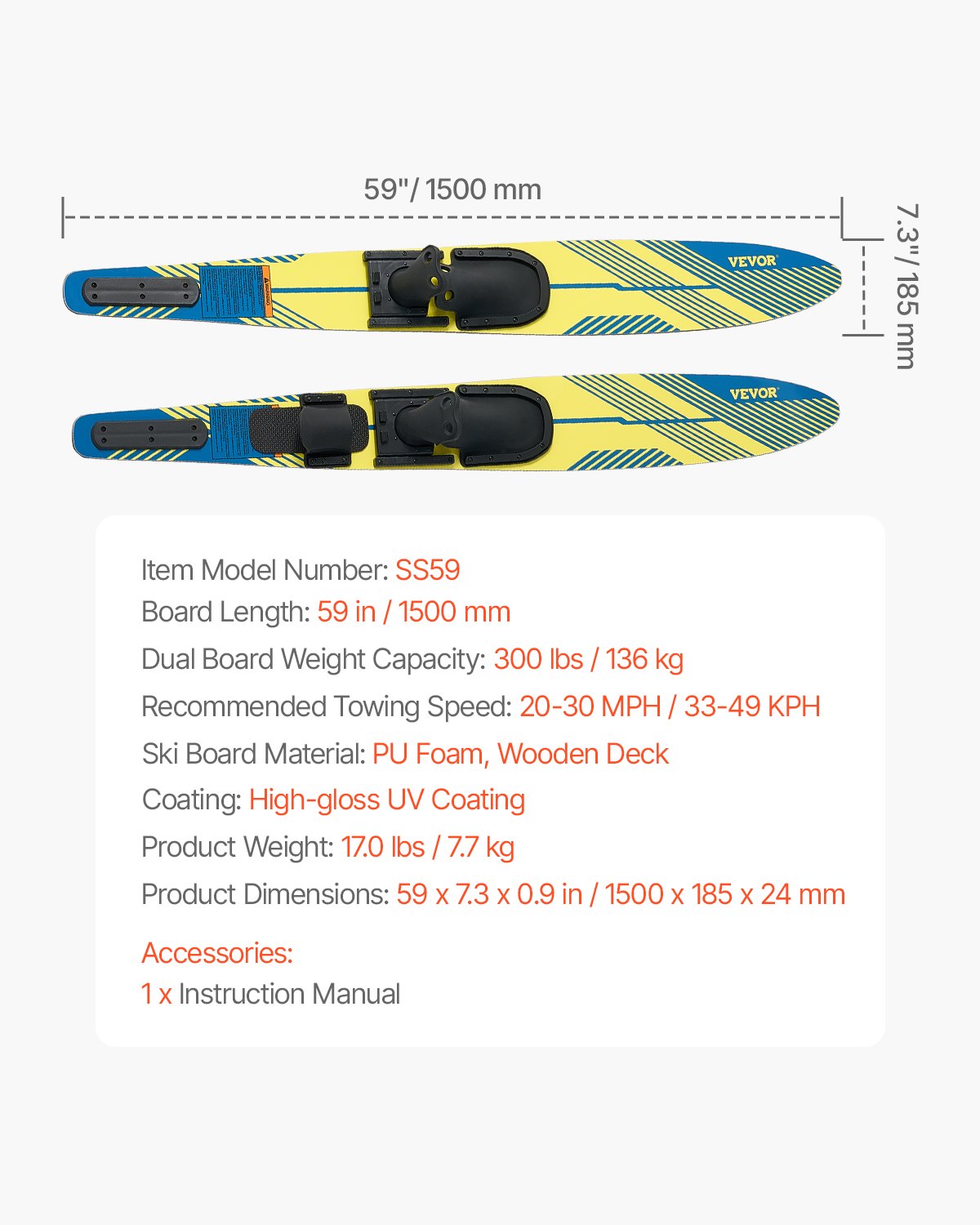Water Skis 150cm with X-7 Adjustable Bindings Padded Rear Toe Plate Adults