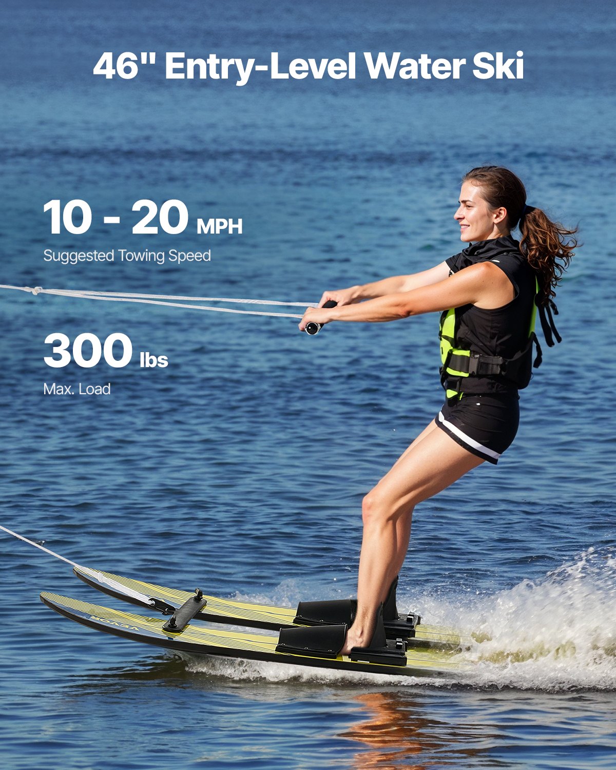 Water Skis 116.8 cm with X-7 Adjustable Bindings, Double-H&le Rope & Stabilizer