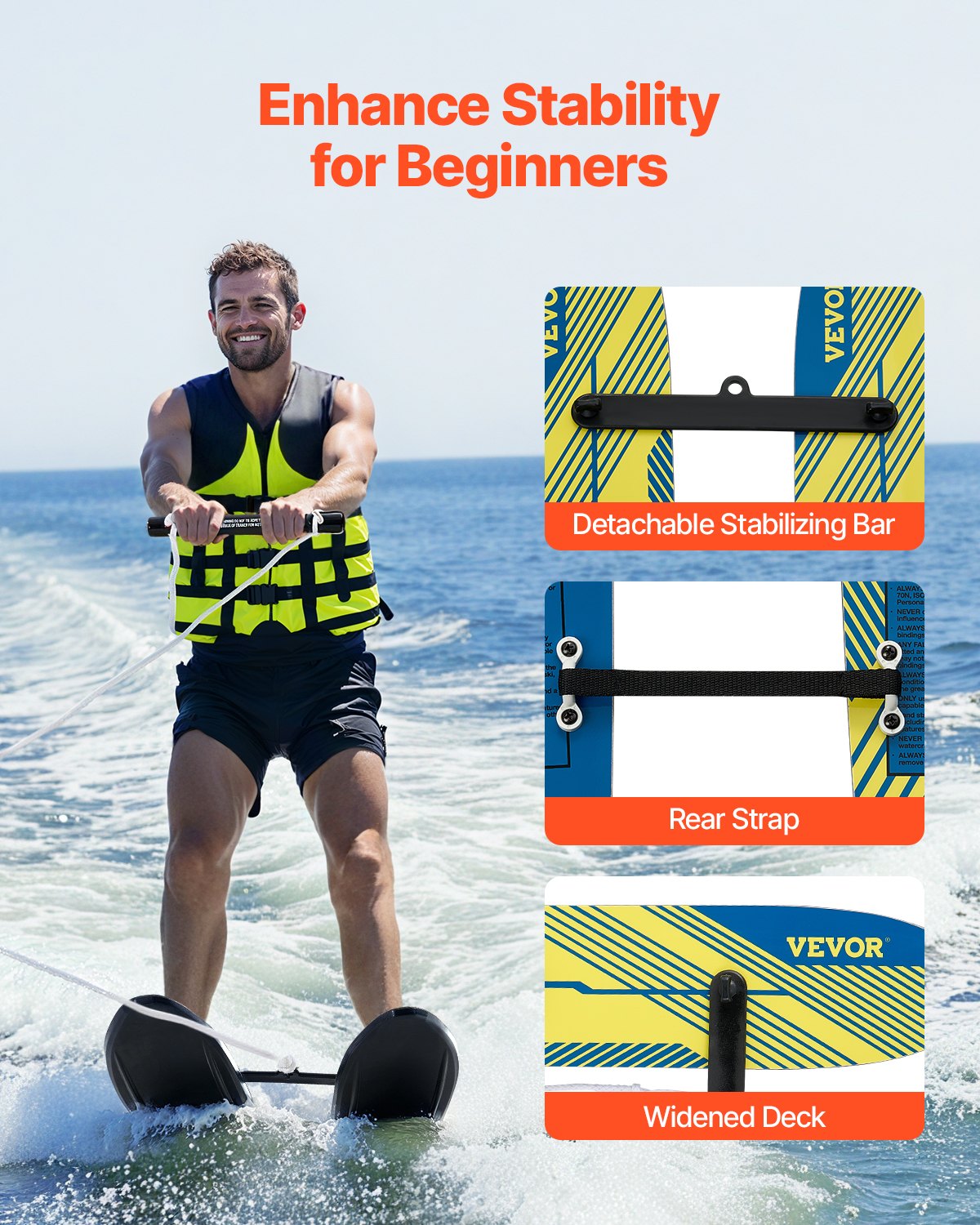Water Skis 116.8 cm with X-7 Adjustable Bindings, Double-H&le Rope & Stabilizer