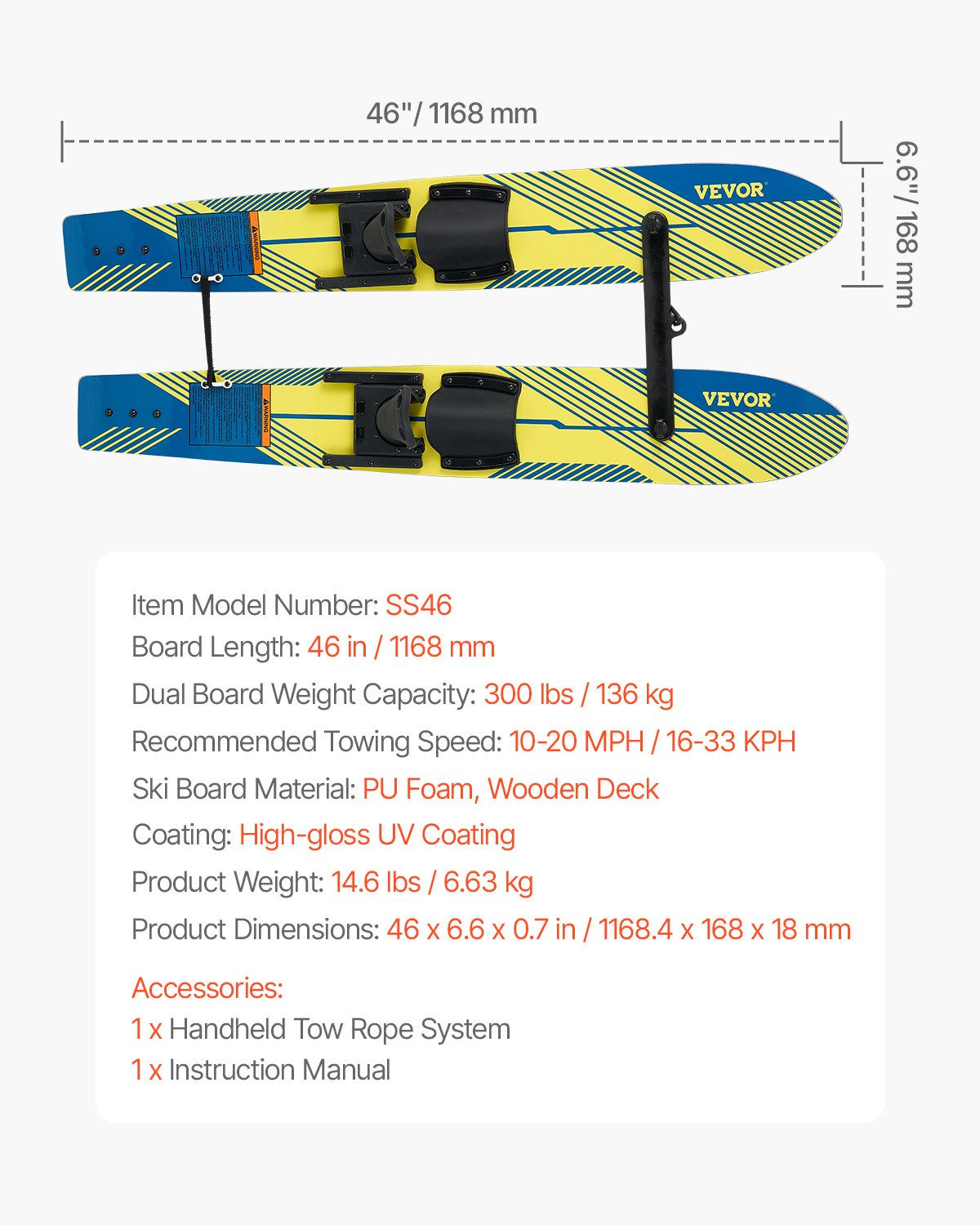 Water Skis 116.8 cm with X-7 Adjustable Bindings, Double-H&le Rope & Stabilizer