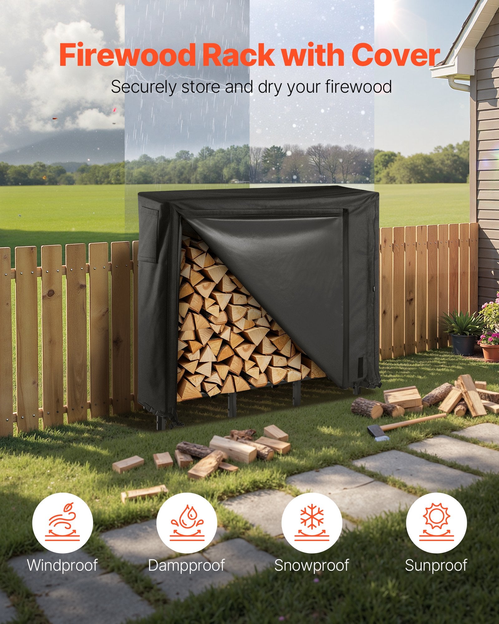 Firewood Rack with Waterproof Cover 1.22m Metal Log Holder 400lb Capacity