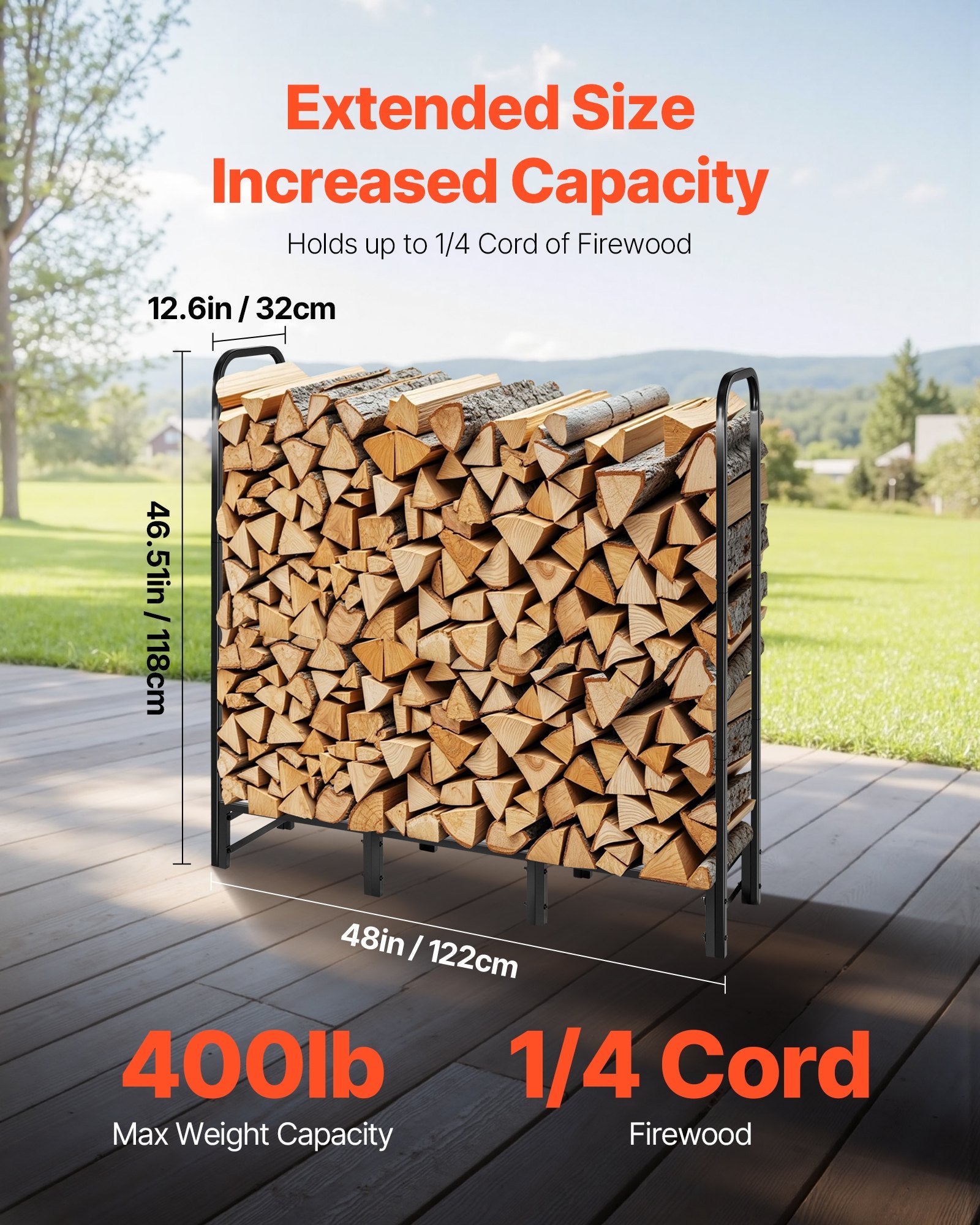 Firewood Rack with Waterproof Cover 1.22m Metal Log Holder 400lb Capacity