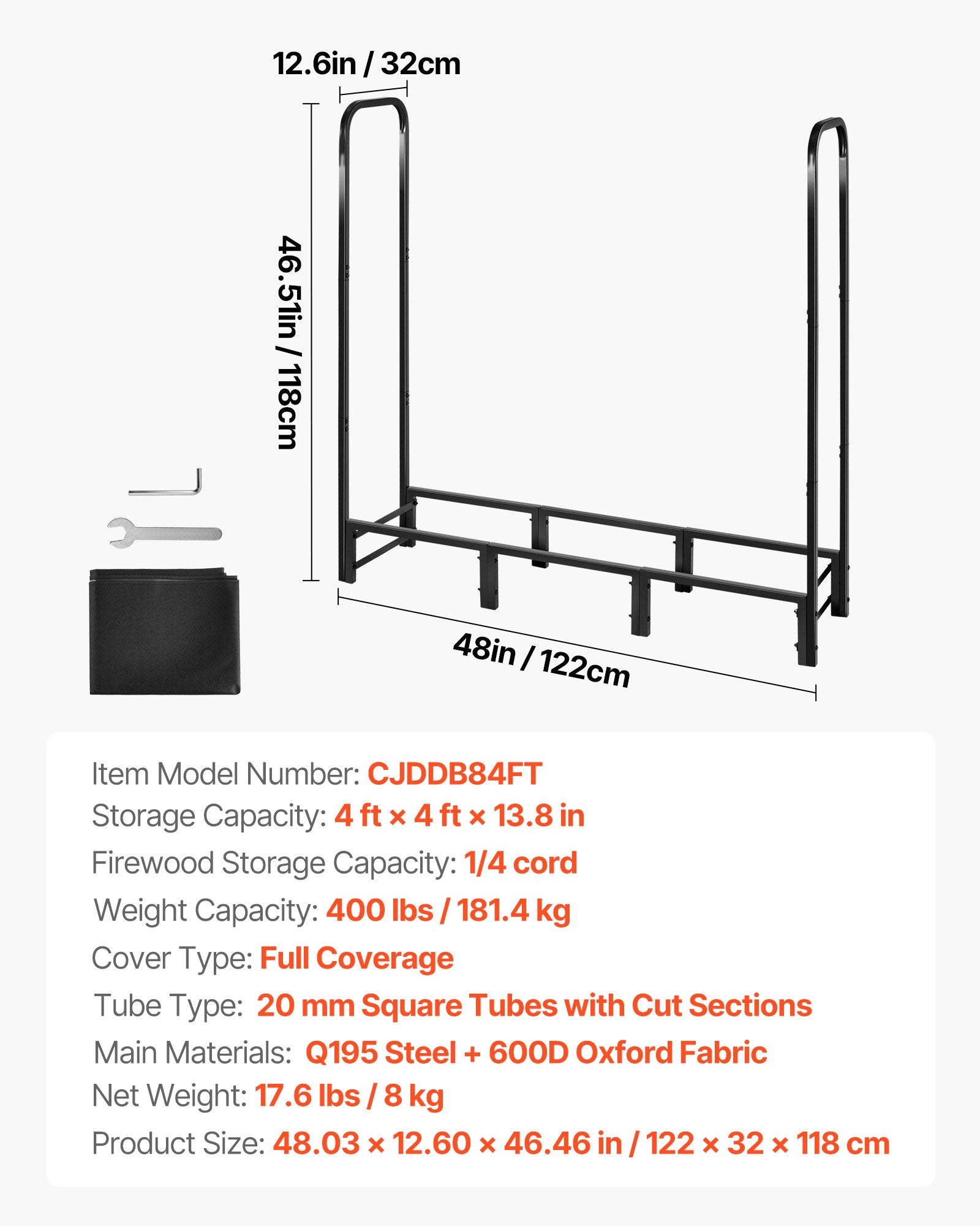 Firewood Rack with Waterproof Cover 1.22m Metal Log Holder 400lb Capacity