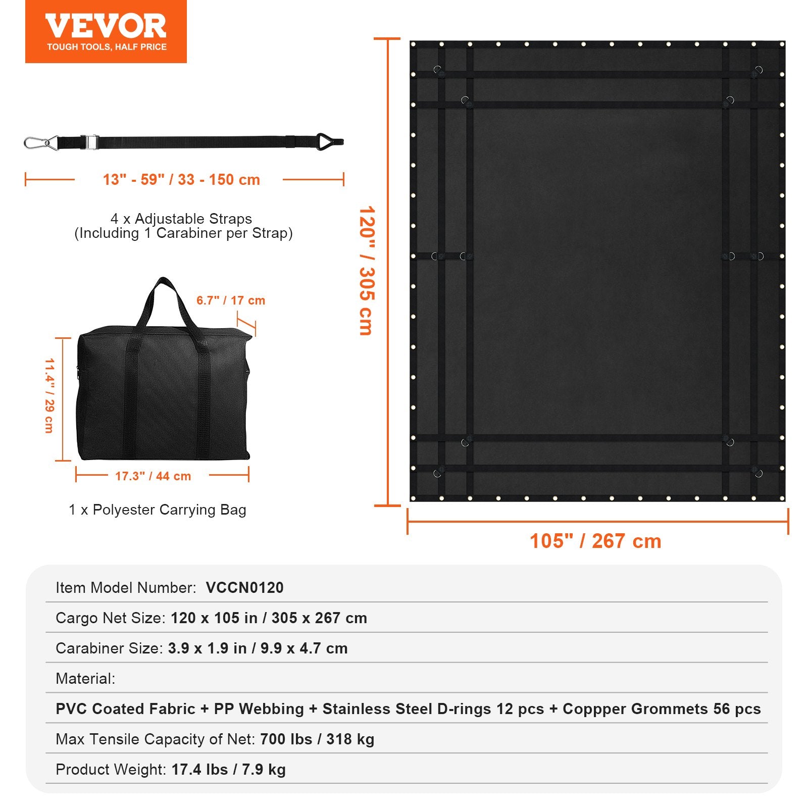Heavy Duty Truck Cargo Net 3050x2670mm with 4 Adjustable Straps and Hooks