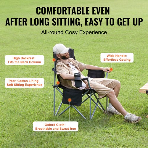 VEVOR Portable Camping Folding Chair Adults Lumbar Support Arm Chairs - Black