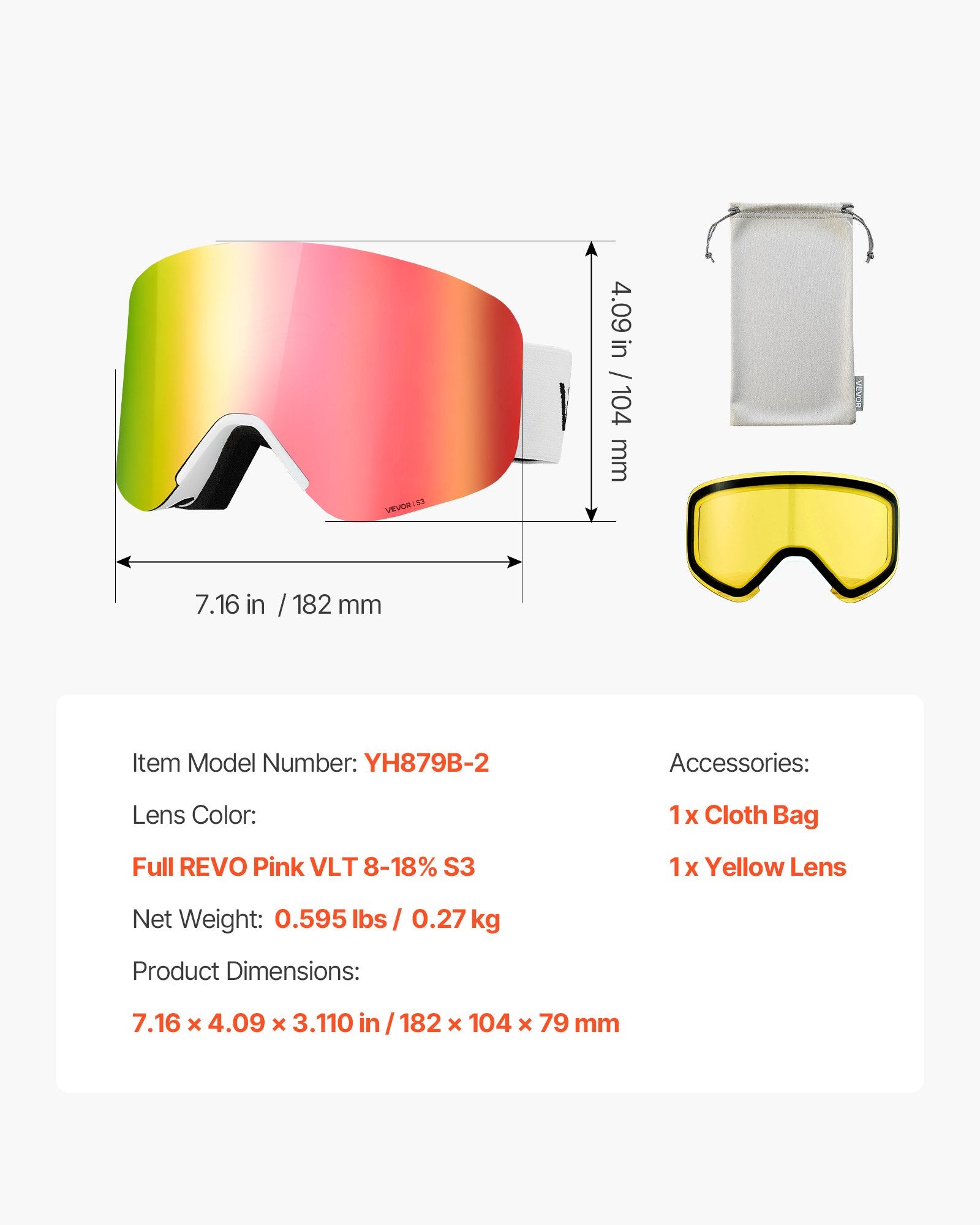 Frameless Ski Goggles Pink Revo Magnet Cylindrical Lens OTG Anti-Fog TPU Frame