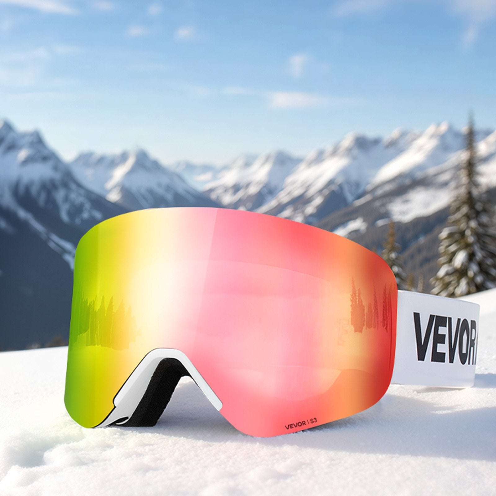 Frameless Ski Goggles Pink Revo Magnet Cylindrical Lens OTG Anti-Fog TPU Frame