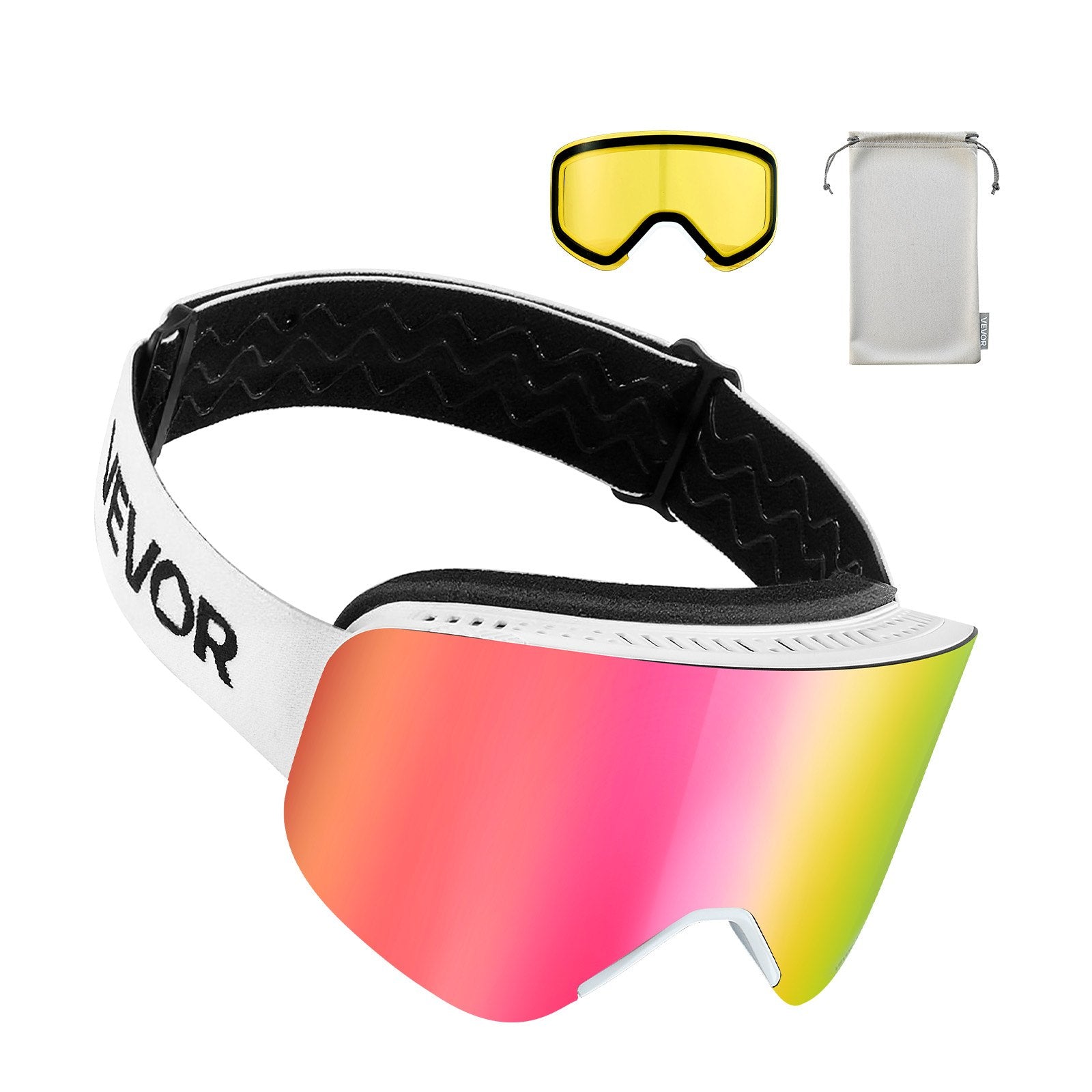 Frameless Ski Goggles Pink Revo Magnet Cylindrical Lens OTG Anti-Fog TPU Frame