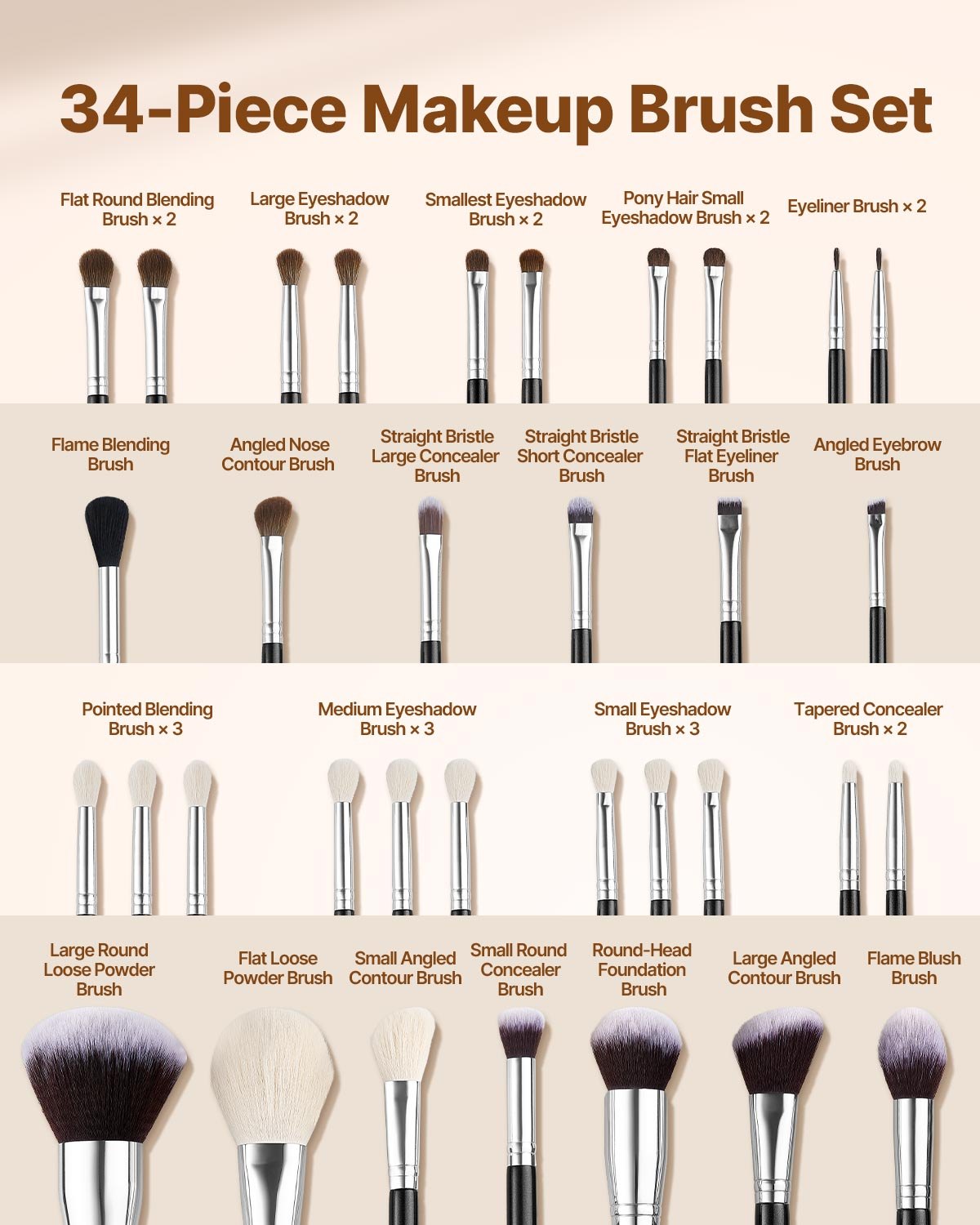 34-Piece Makeup Brush Set Foundation Eyeshadow Concealer Blush Wood Handle