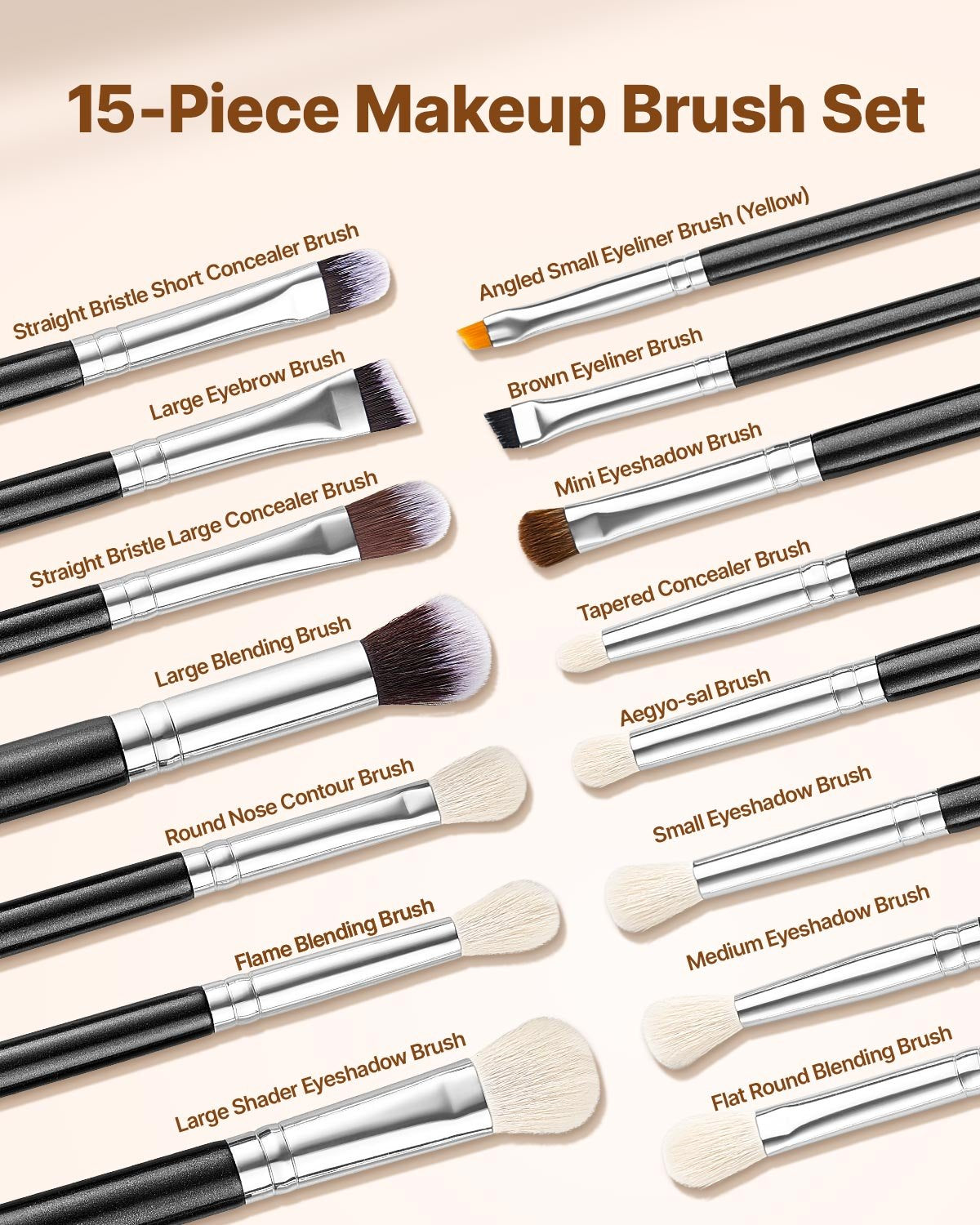 15-Piece Makeup Brush Set Foundation Eyeshadow Vegan Synthetic Bristles Wood