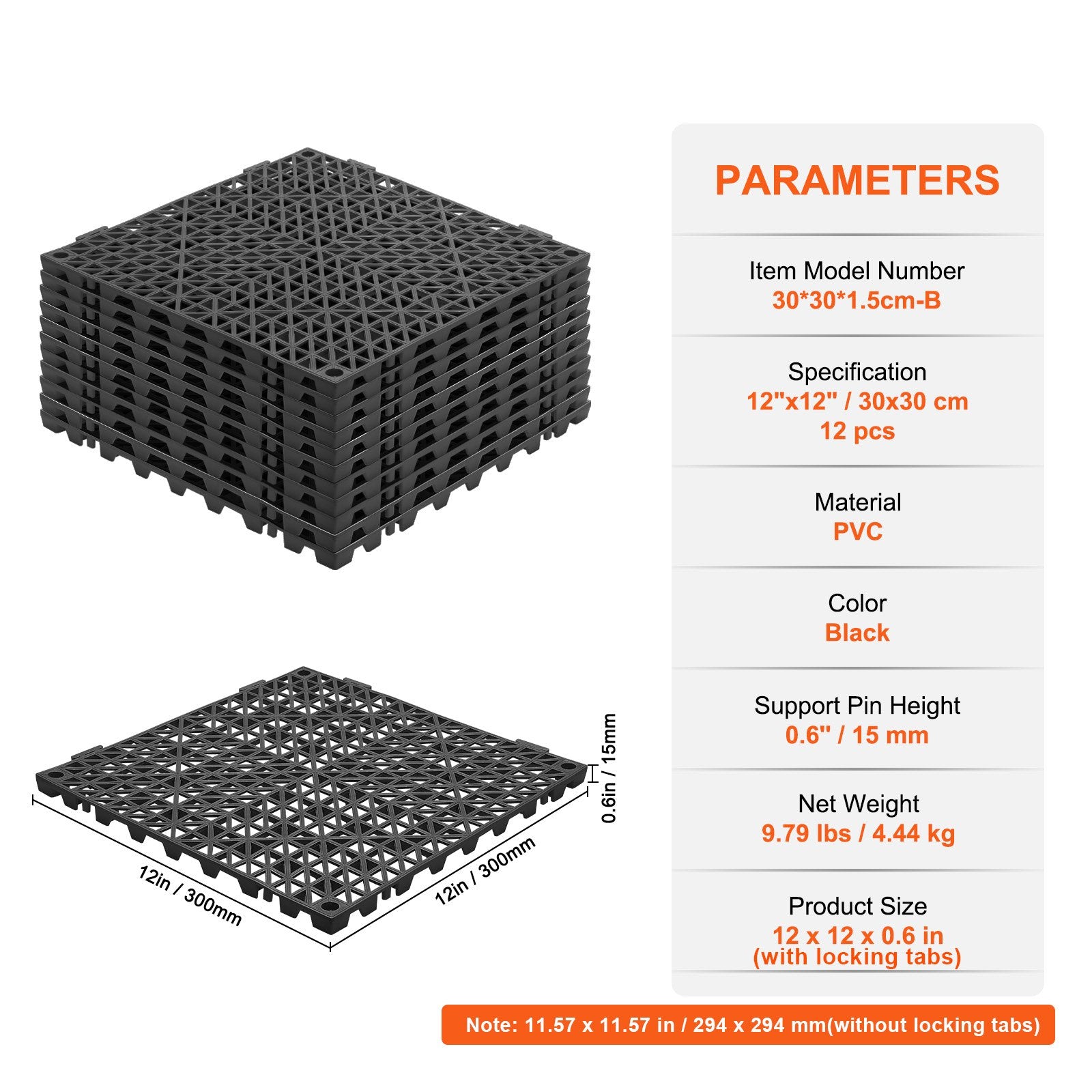 Modular Interlocking Cushion 12 Pack 30x30cm PVC Drainage Floor Tiles Black