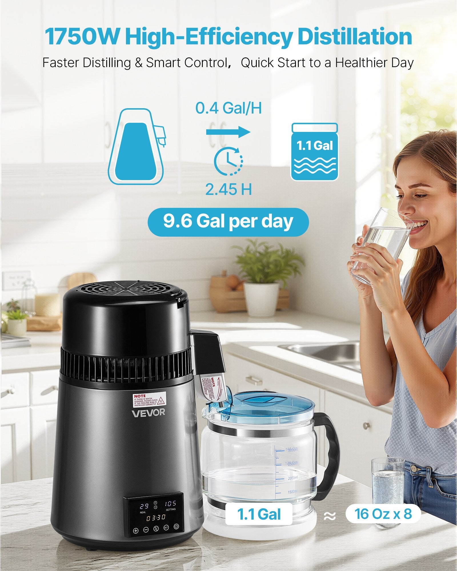 Water Distiller 4L 1750W Pure Water Purifier Glass Pot Stainless Steel Grey