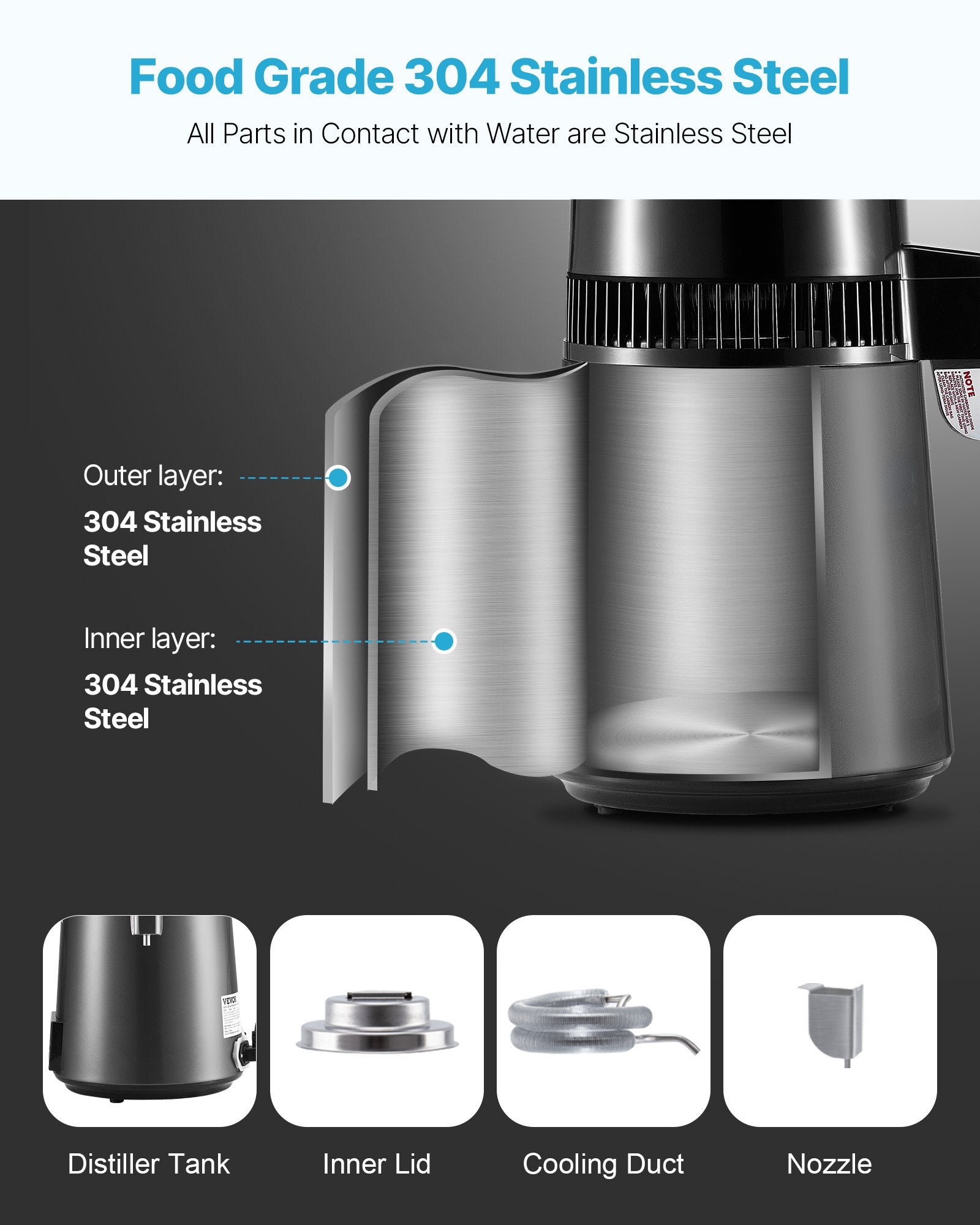 Water Distiller 4L 1750W Pure Water Purifier Glass Pot Stainless Steel Grey