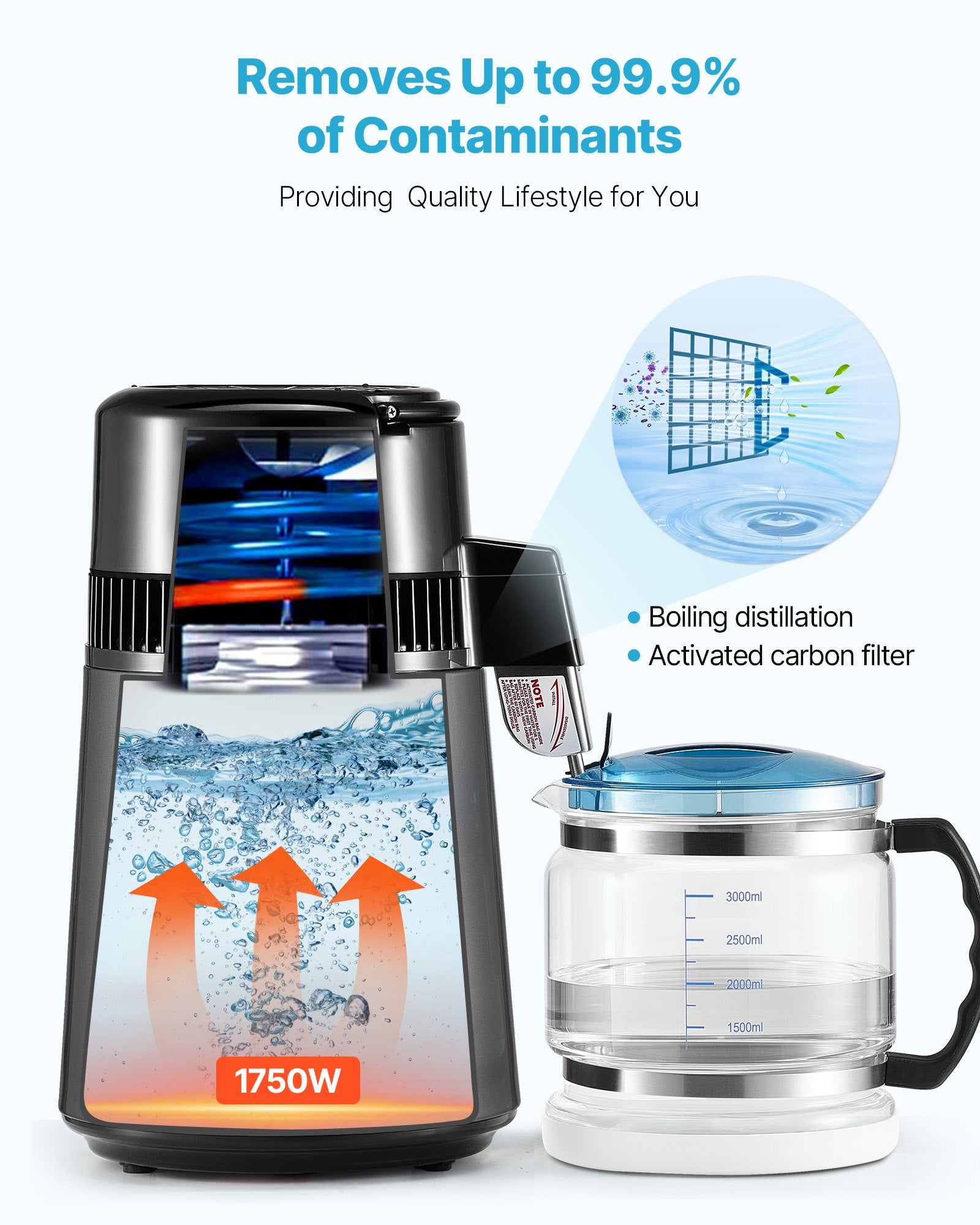Water Distiller 4L 1750W Pure Water Purifier Glass Pot Stainless Steel Grey