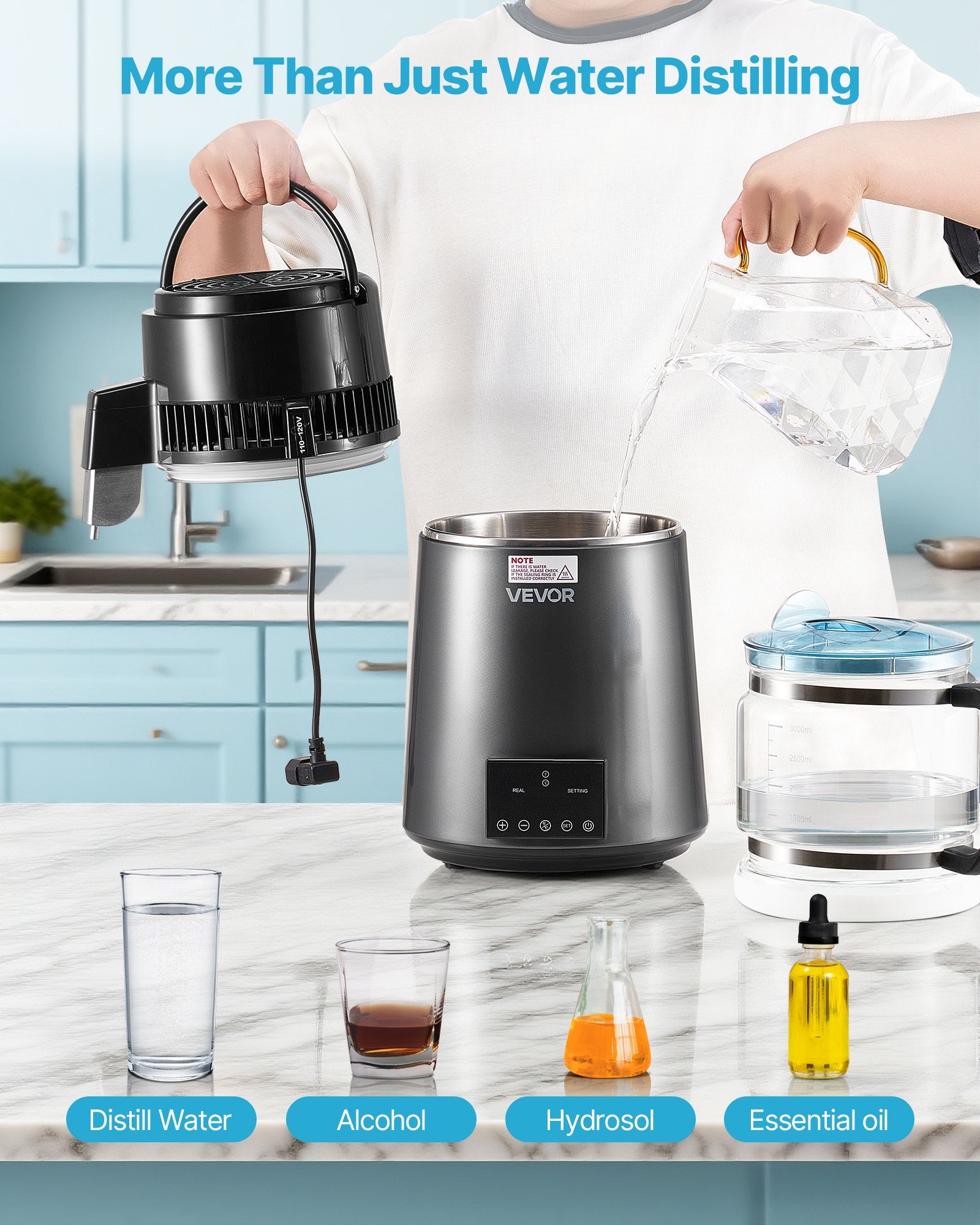 Water Distiller 4L 1750W Pure Water Purifier Glass Pot Stainless Steel Grey