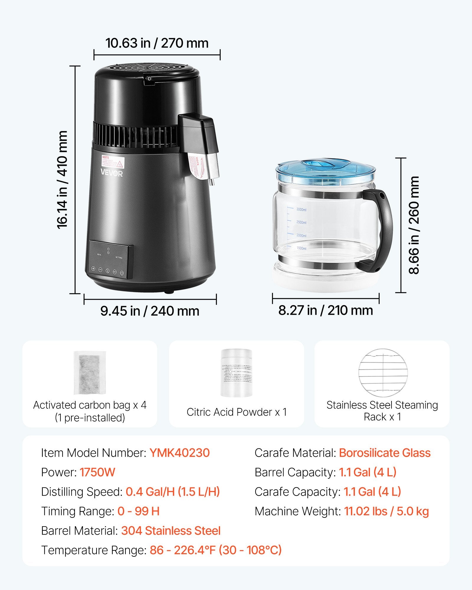 Water Distiller 4L 1750W Pure Water Purifier Glass Pot Stainless Steel Grey