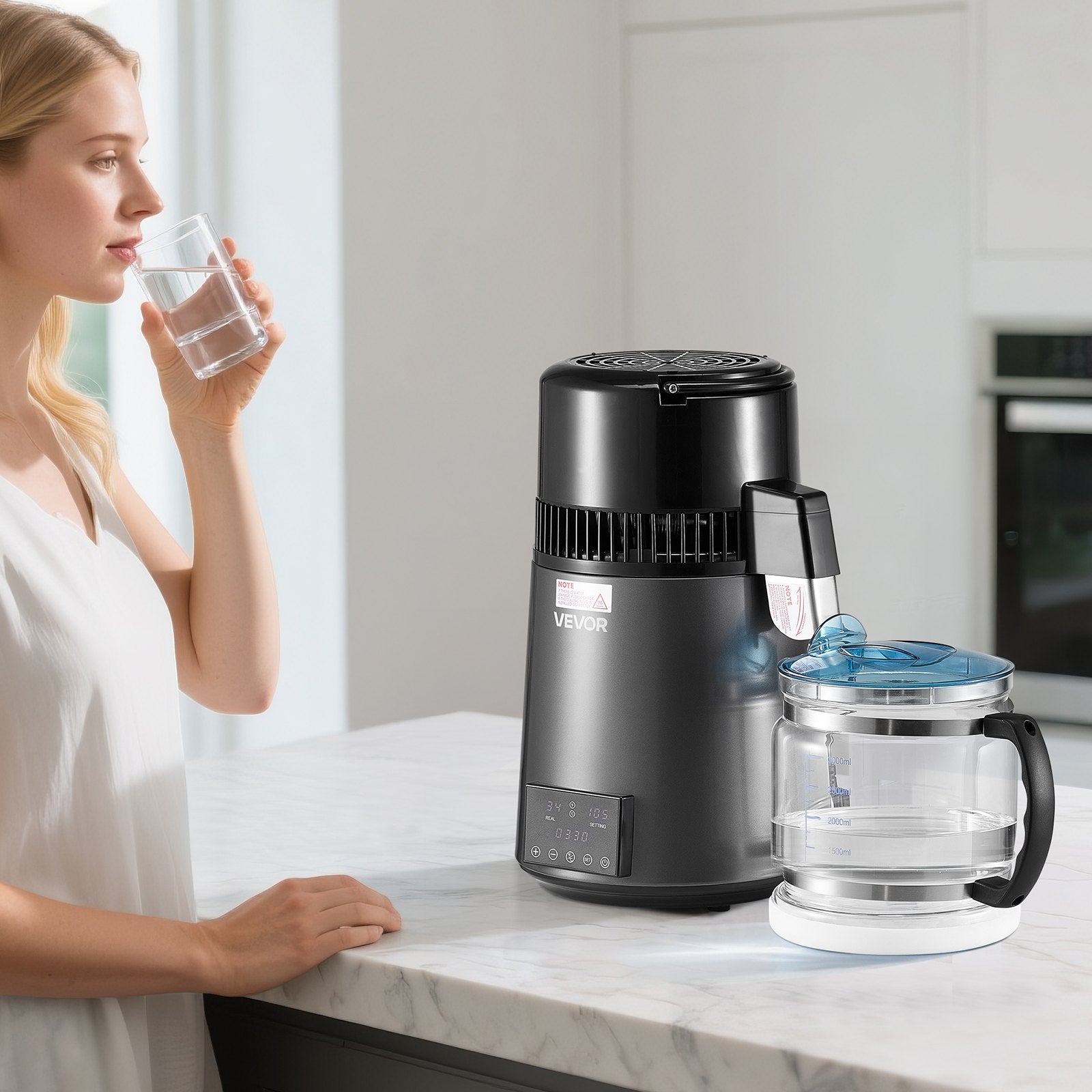 Water Distiller 4L 1750W Pure Water Purifier Glass Pot Stainless Steel Grey