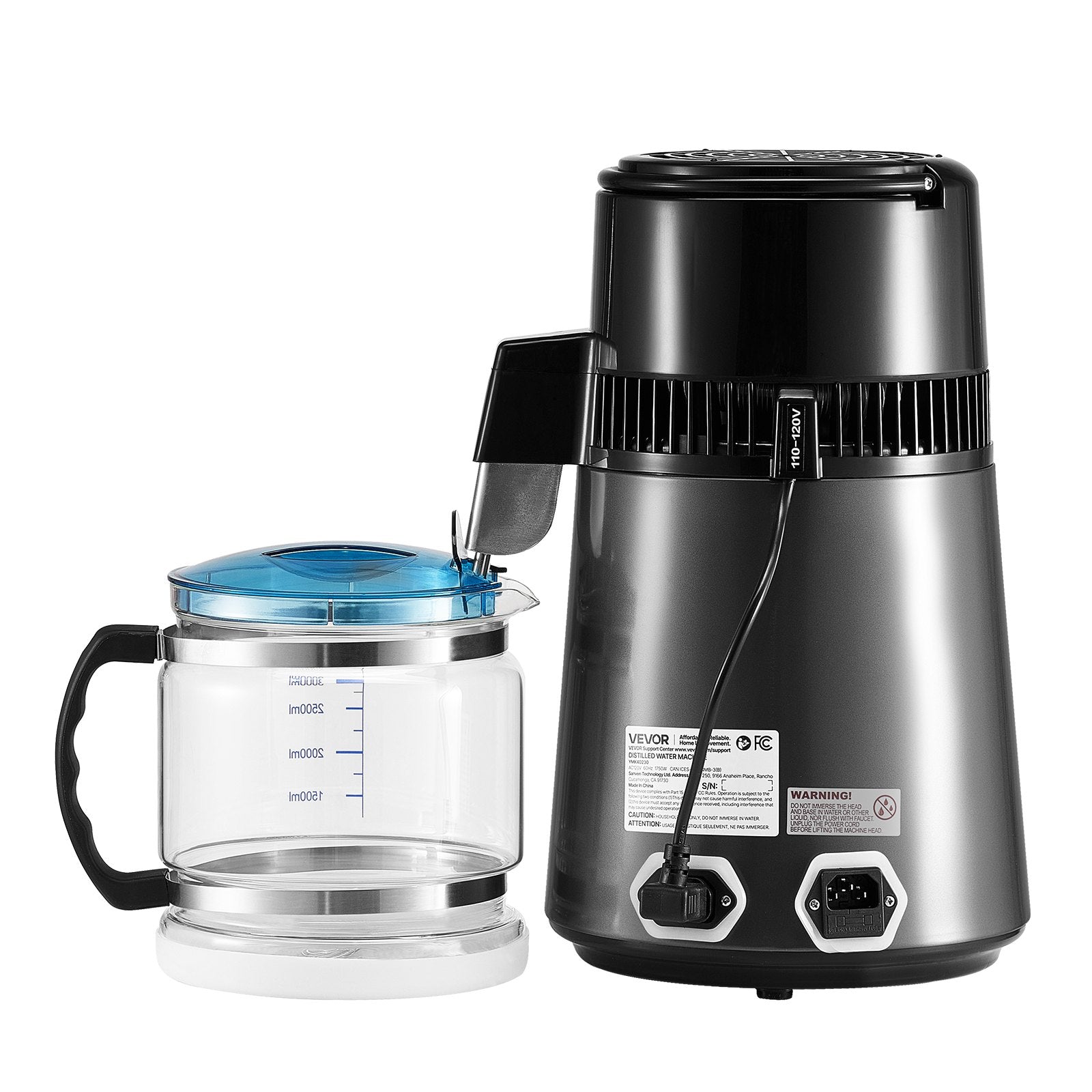 Water Distiller 4L 1750W Pure Water Purifier Glass Pot Stainless Steel Grey