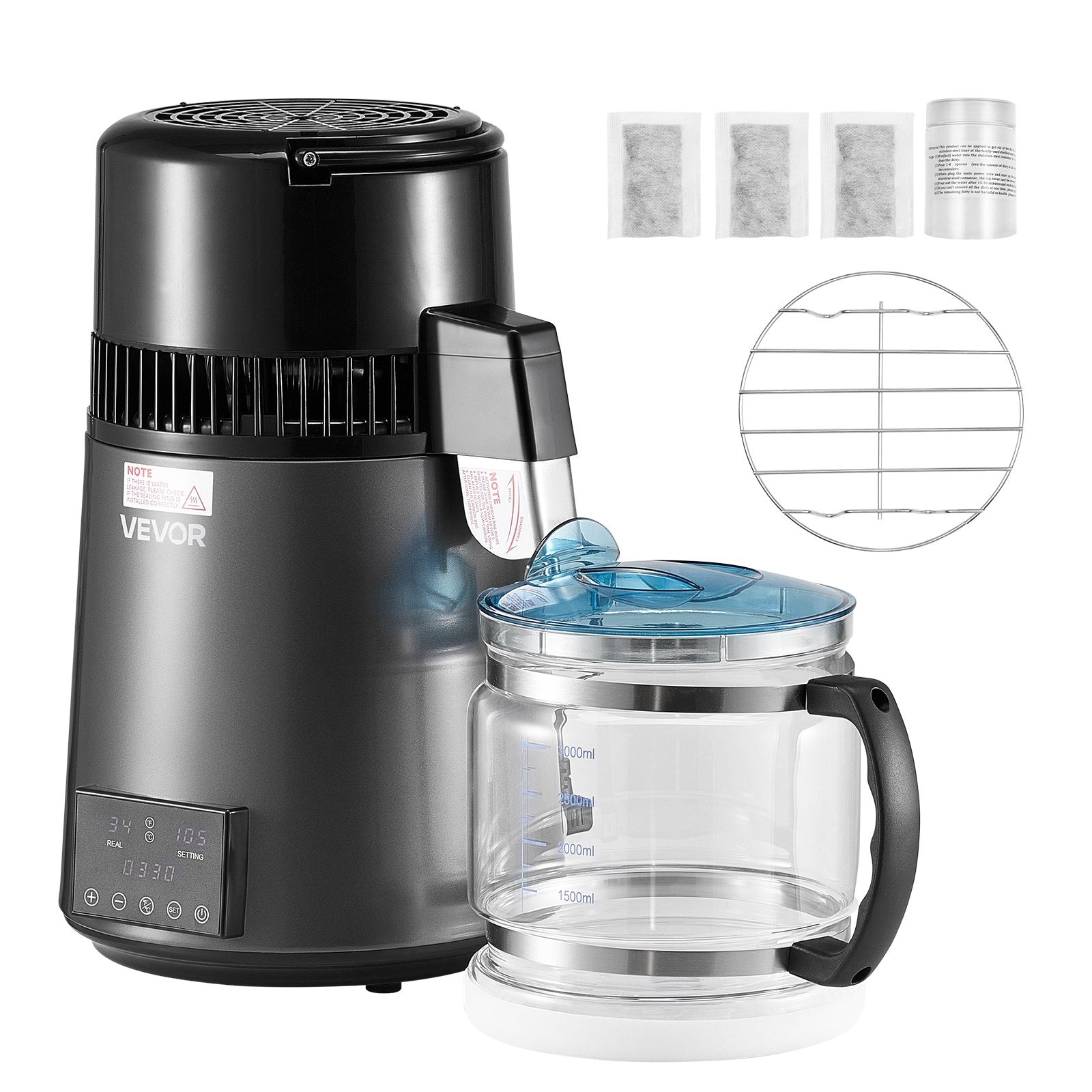 Water Distiller 4L 1750W Pure Water Purifier Glass Pot Stainless Steel Grey