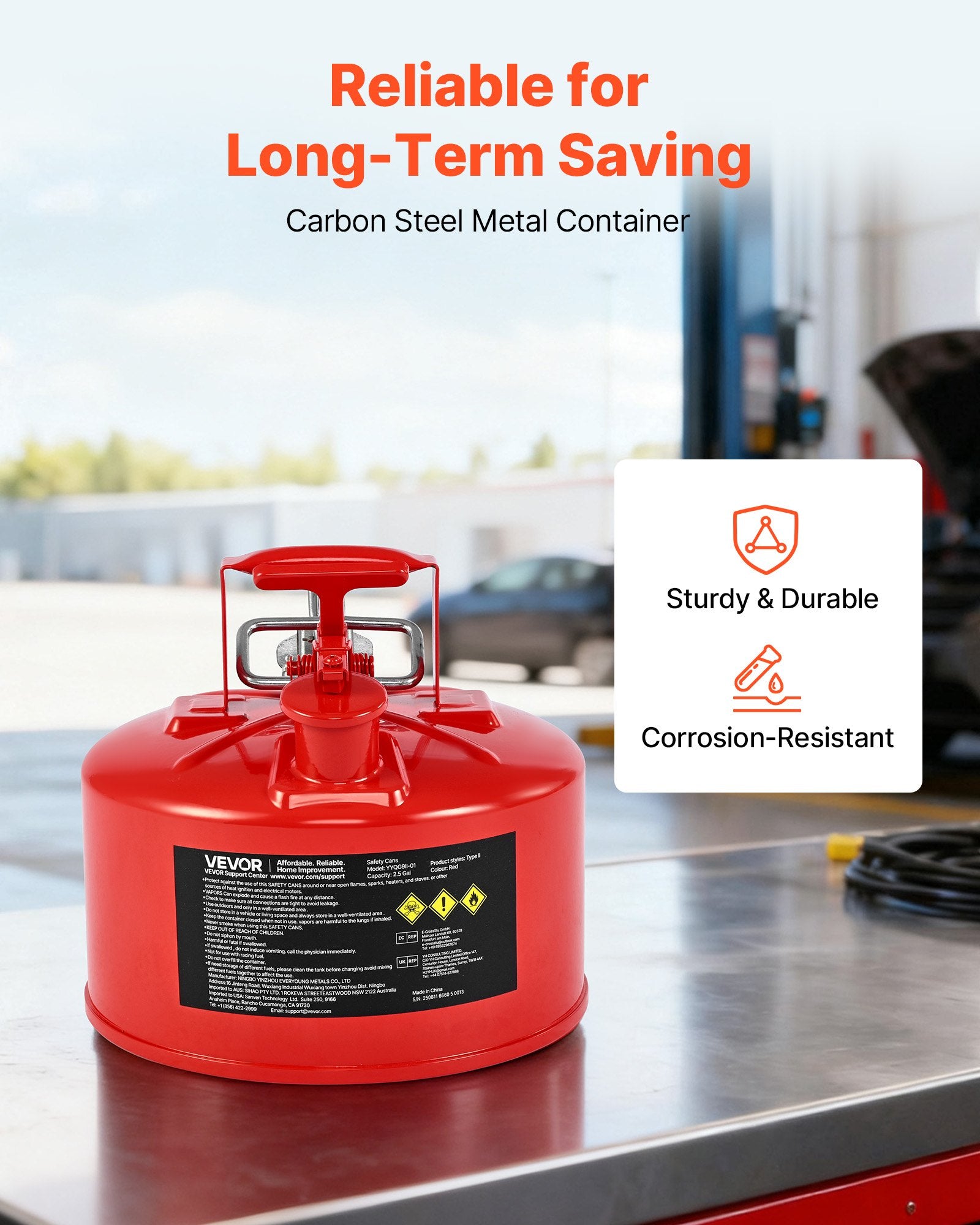 Safety Gas Can 9.5L Red Type II Flame Arrester Self-Closing Lid Metal Spout