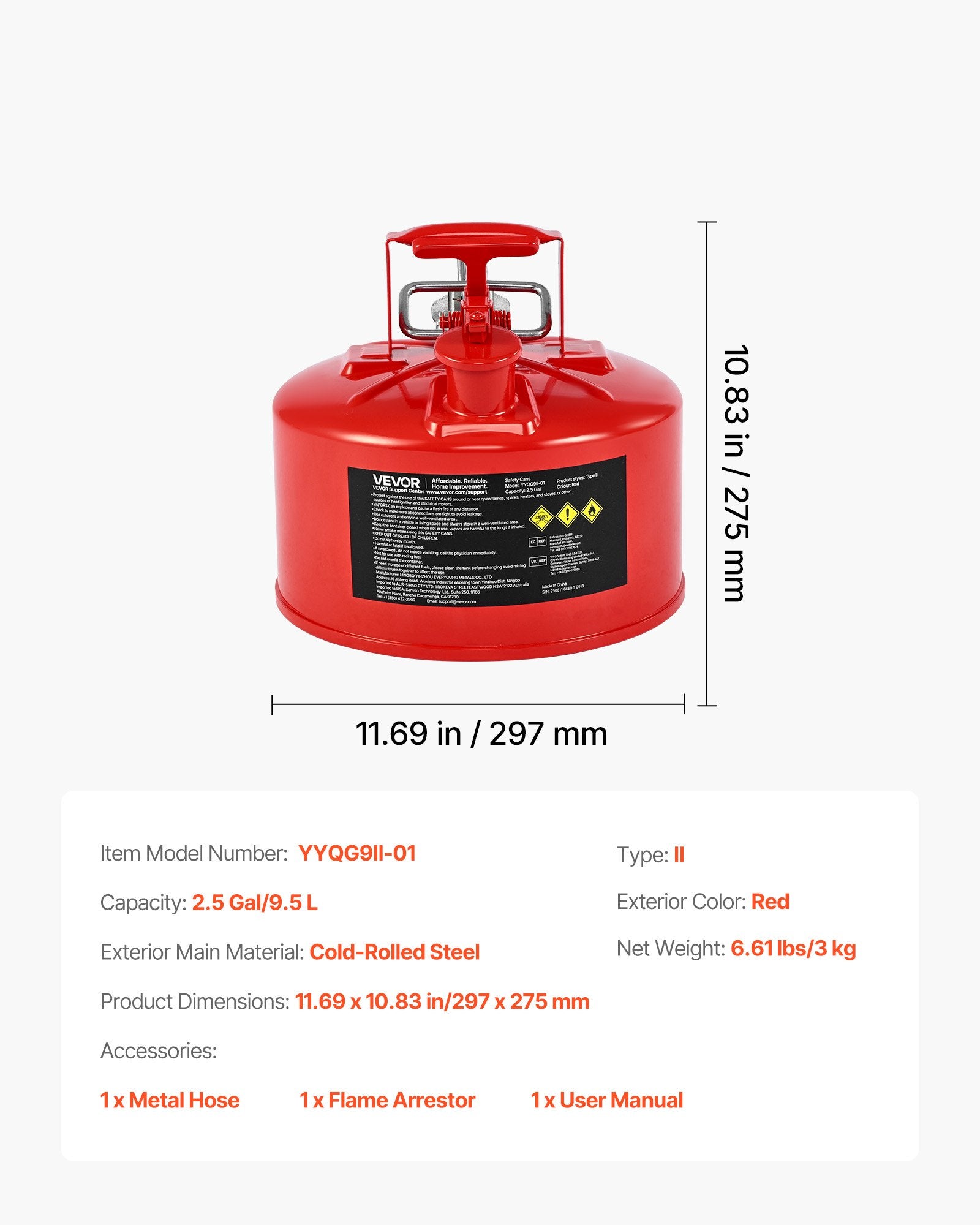 Safety Gas Can 9.5L Red Type II Flame Arrester Self-Closing Lid Metal Spout