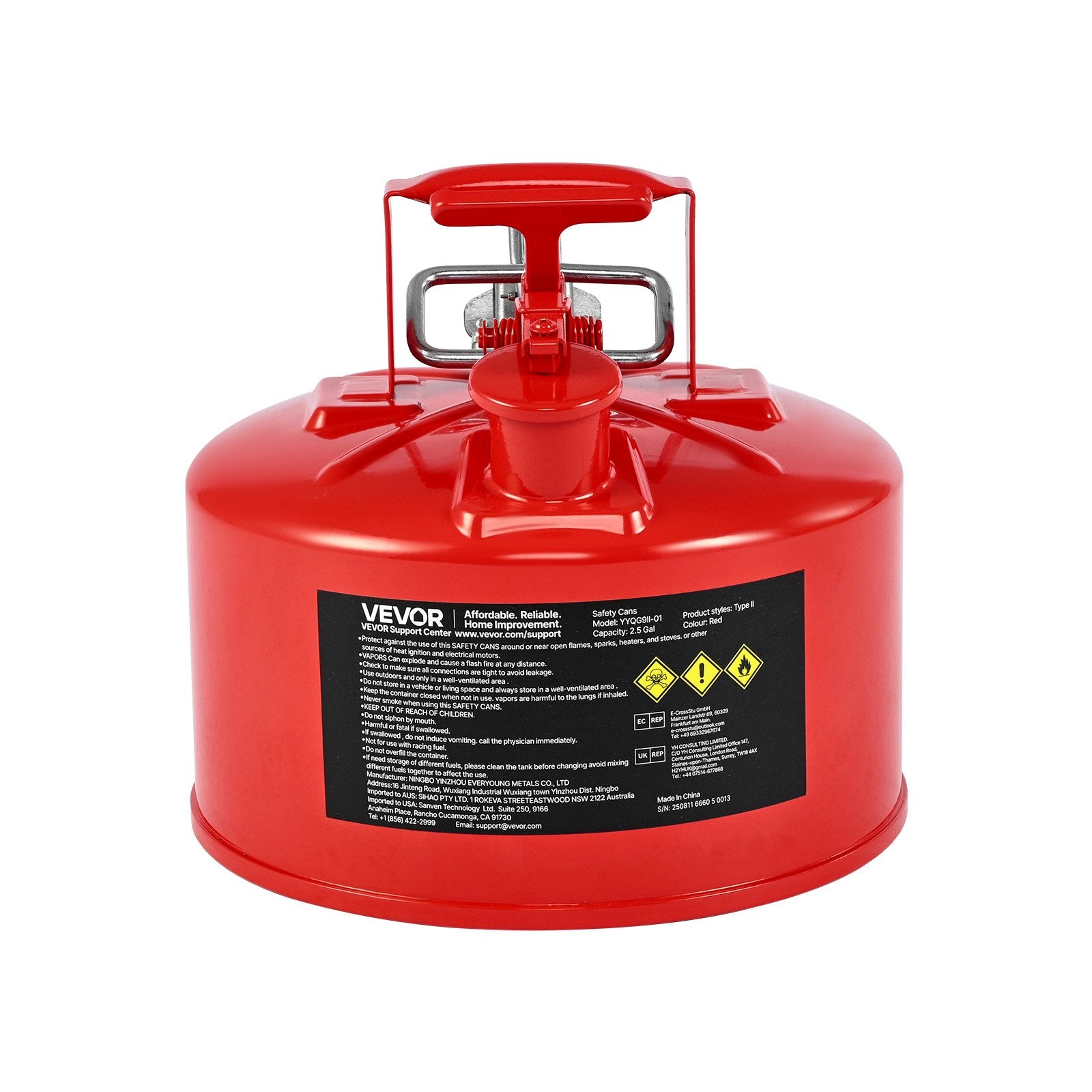 Safety Gas Can 9.5L Red Type II Flame Arrester Self-Closing Lid Metal Spout