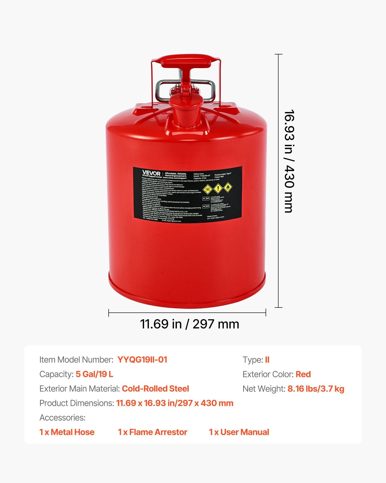 Safety Gas Can 19L Red Type II Flame Arrester Self-Closing Lid Metal Spout