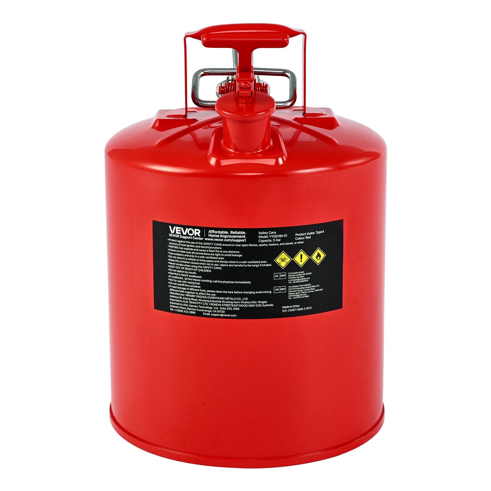 Safety Gas Can 19L Red Type II Flame Arrester Self-Closing Lid Metal Spout