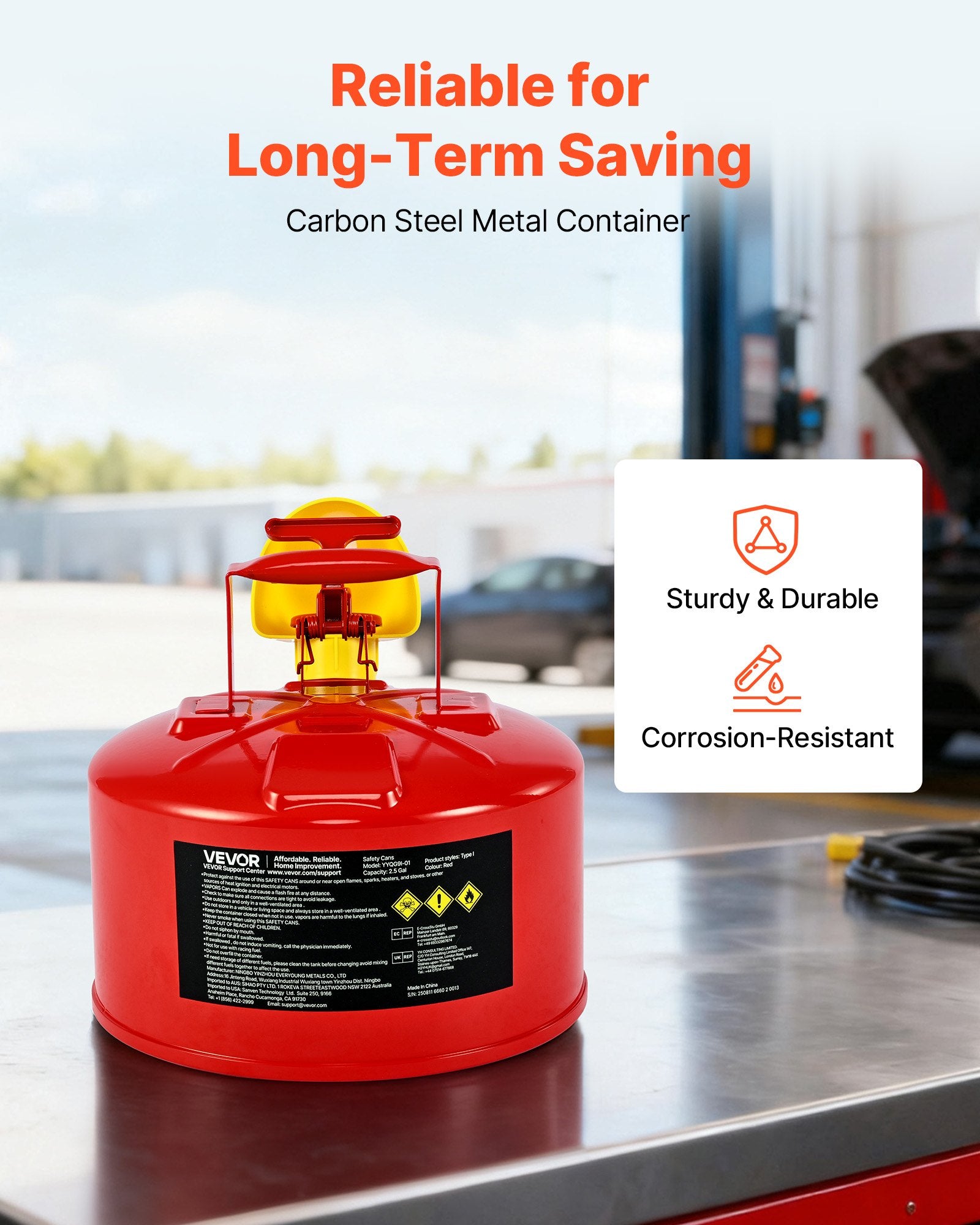 Safety Gas Can 9.5L Red Type I with Flame Arrester, Self-Closing Lid & PE Funnel